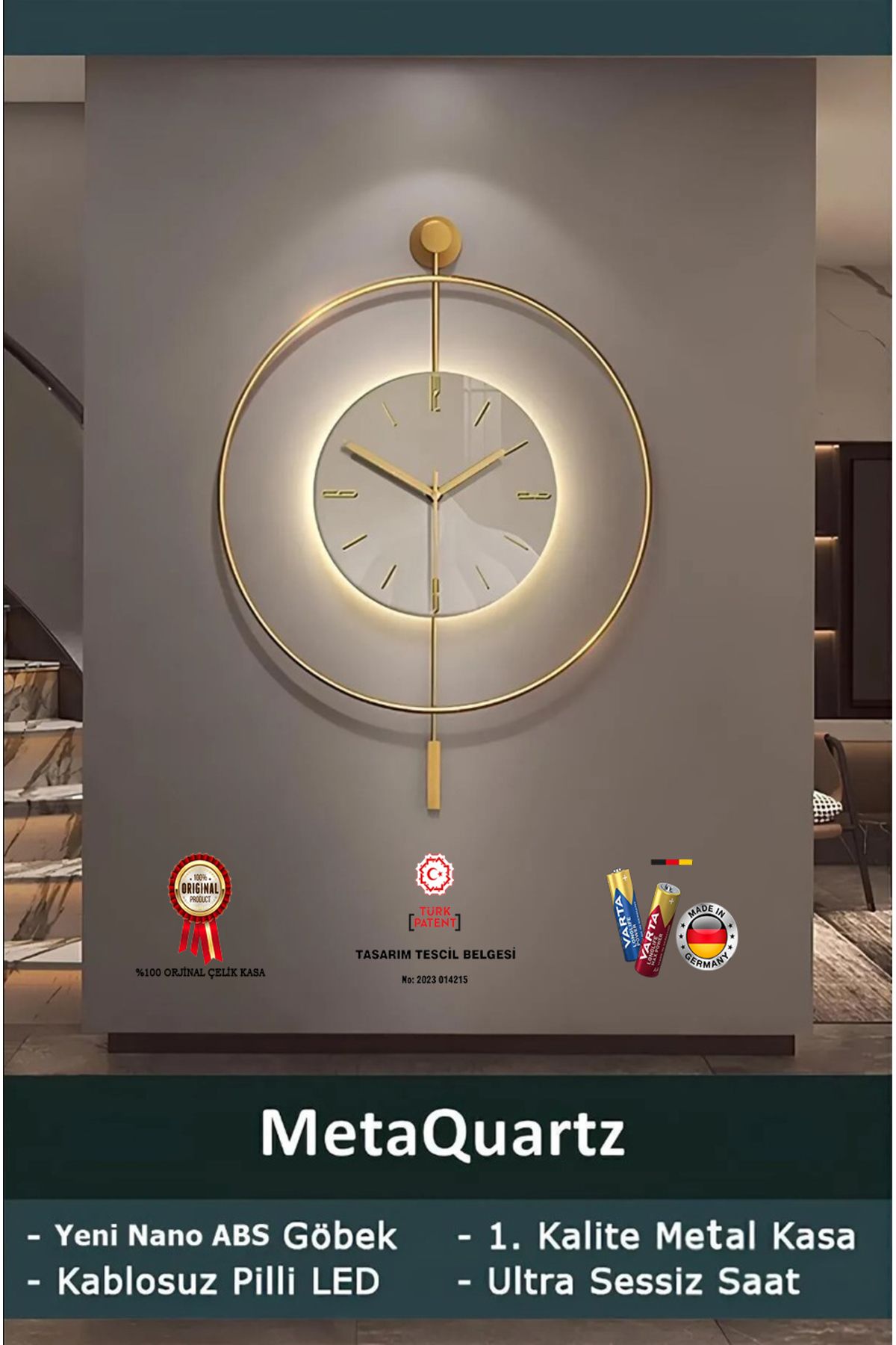 Timelles Kristal- (QUARTZ MEKANİZMALI)-(abs Nano Göbek )-pilli Led - Metal Duvar Saati