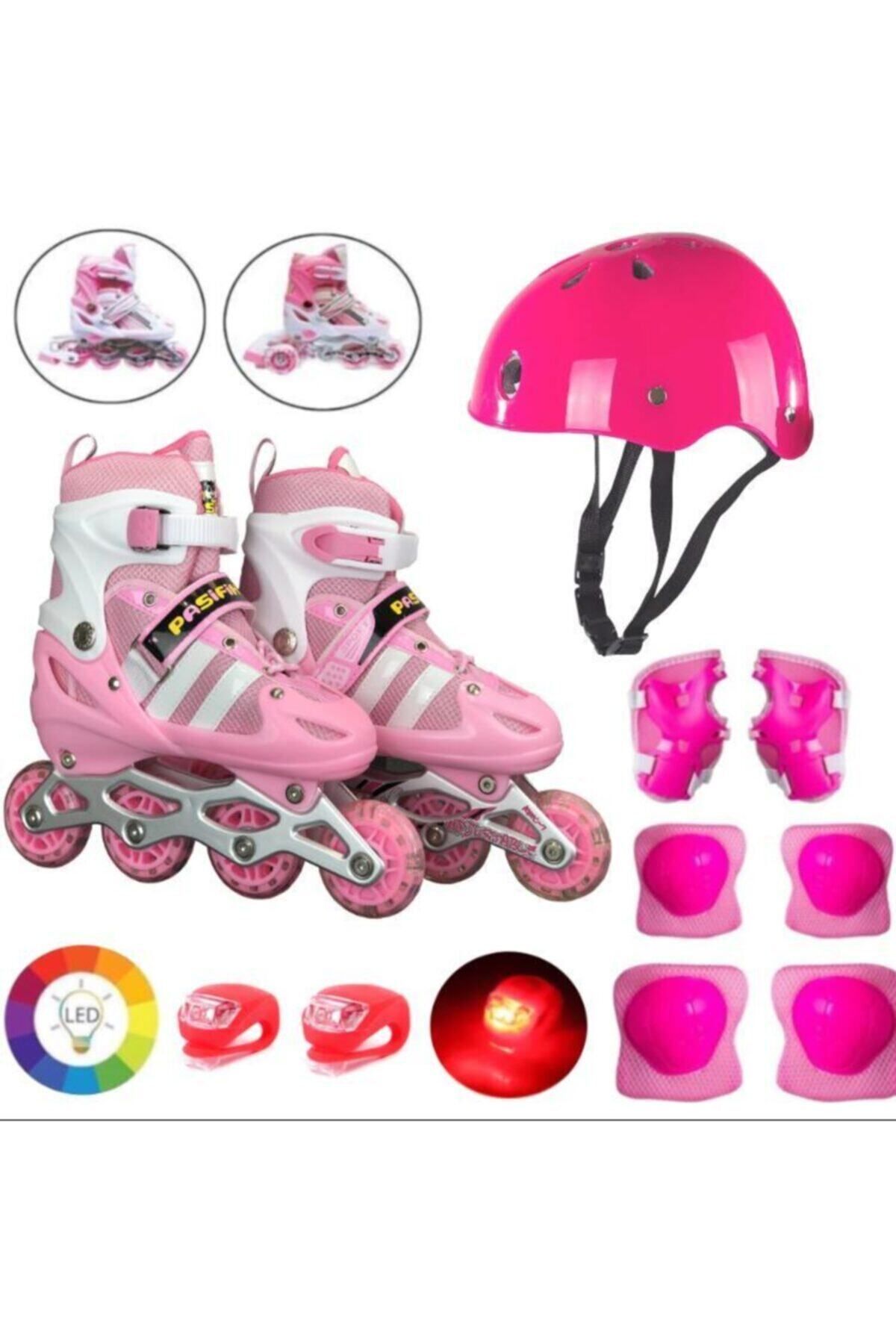 Pembe Işıklı Teker Ayarlanabilir Çocuk Alıştırma Paten 2 Fonksiyon Çakarlı Kask Dizlik Set
