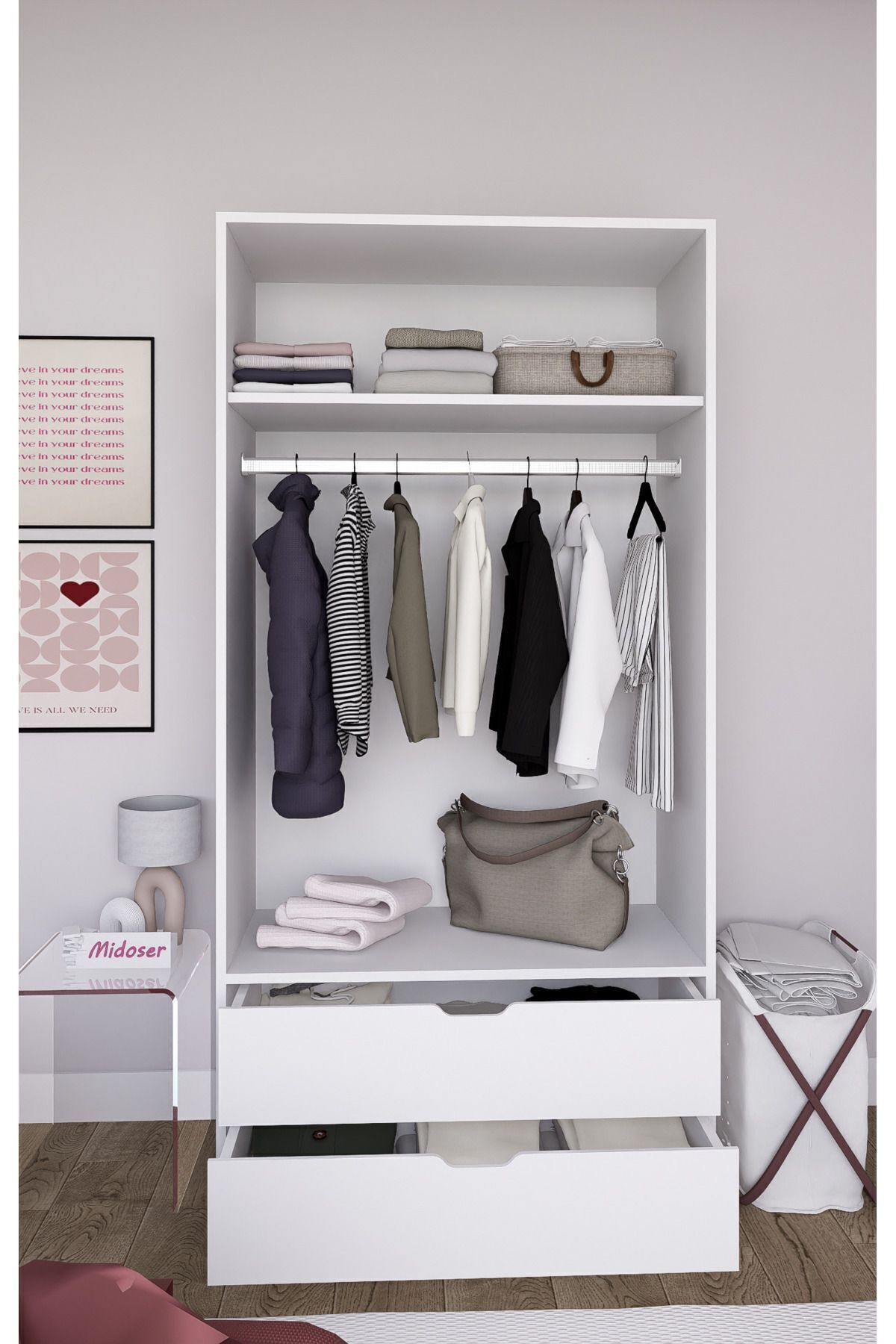 90 Cm Mat Beyaz 2 Kapılı 2 Çekmeceli Elbise Dolabı - Gardırop
