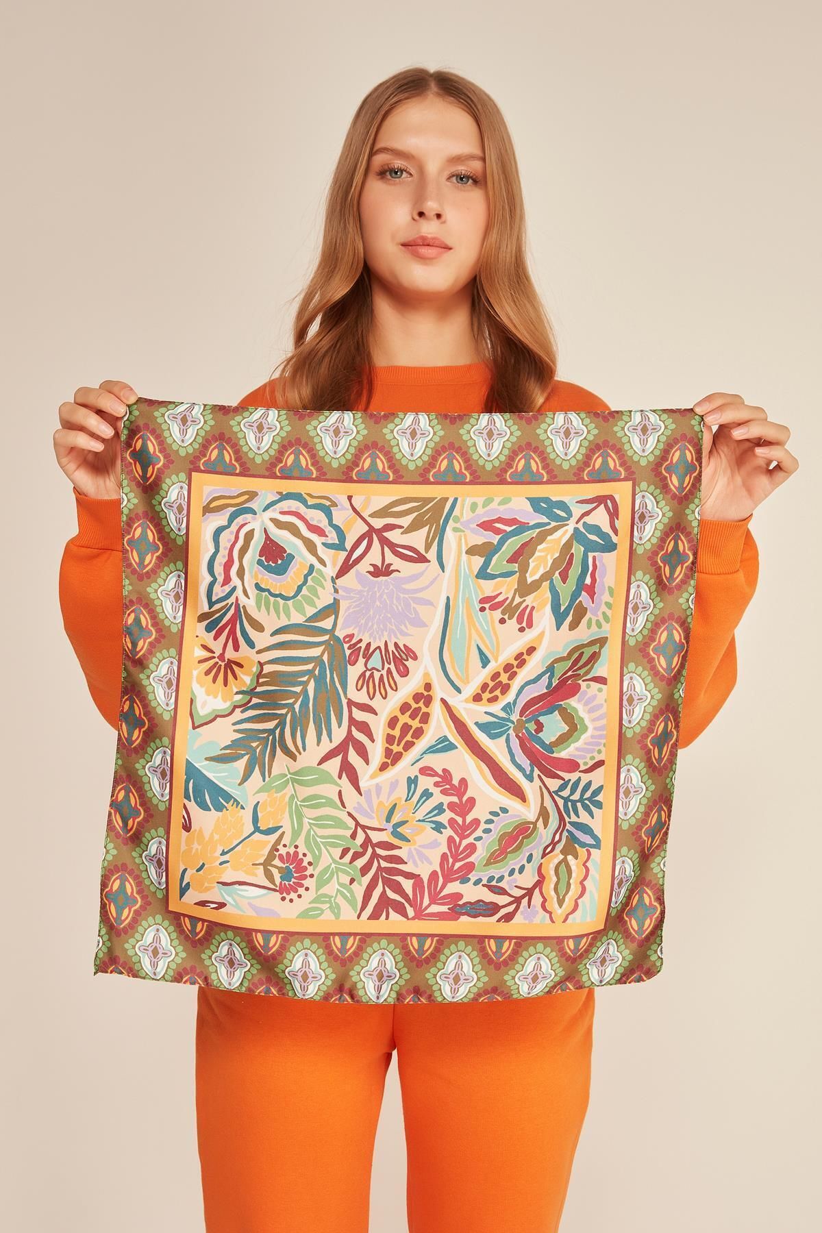 13943 Etnik Desenli Safran Bandana Fular