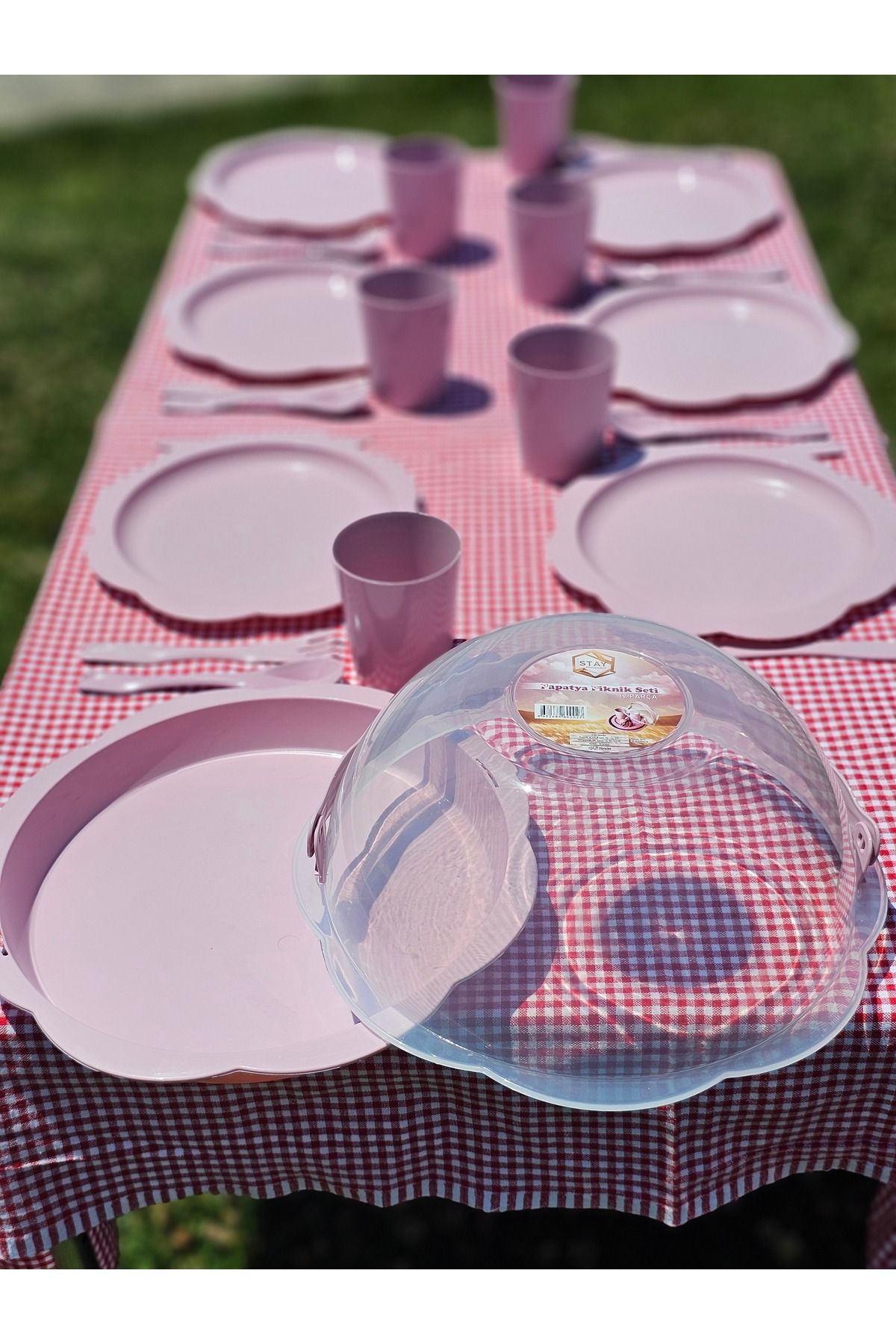 32 Parça Piknik Seti Pasta Seti Plastik Set Pembe