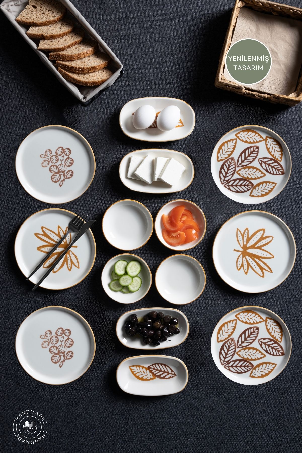 14 Parça 6 Kişilik Handmade Kahve Yaprak Kahvaltı Takımı - Lüx Kahvaltılık Sunum Seti