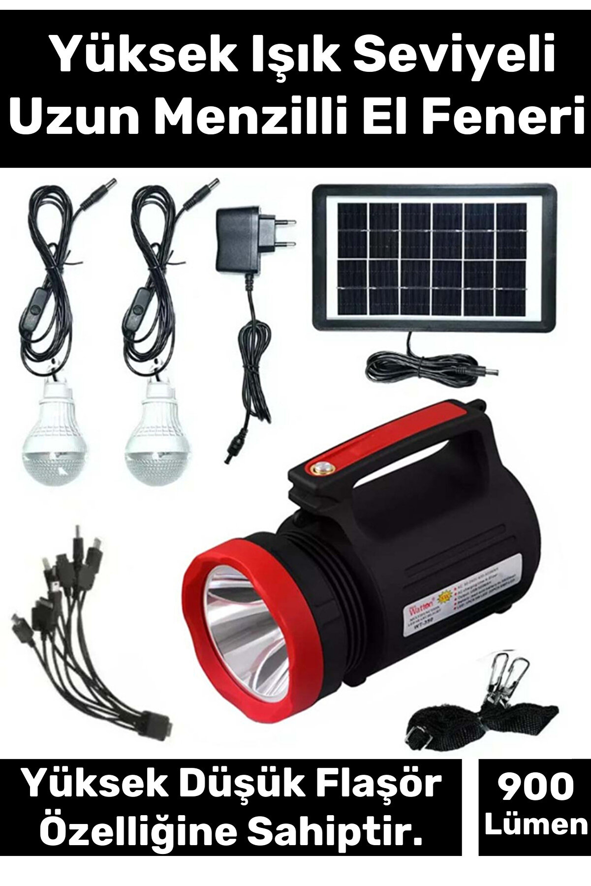 Premium Beyaz Aydınlatmalı Telefon Şarj Edilen Solar Güneş Enerji Fener Işıldak 2 Florasan Led Ampül