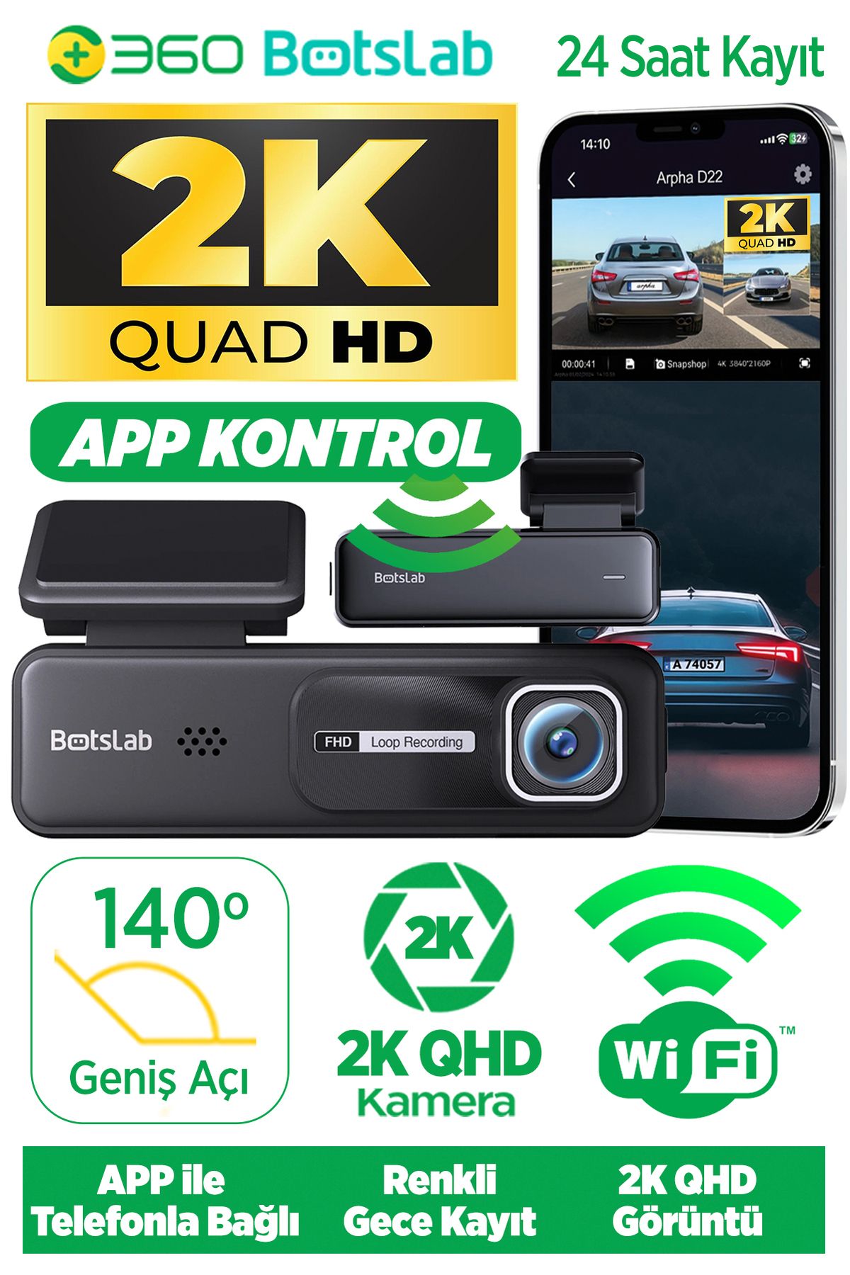 Botslab Hk30 Pro 2k Qhd Wifi 140° Geniş Açı Gece Görüşlü Akıllı Araç Içi Kamera