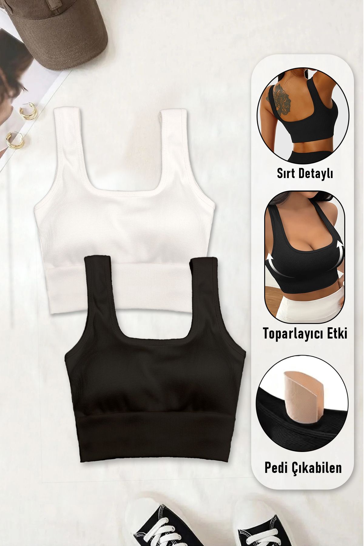Kadın Crop 2'li Paket Siyah - Beyaz Pedli Spor Sütyeni Yarım Atlet Büstiyer Bluz