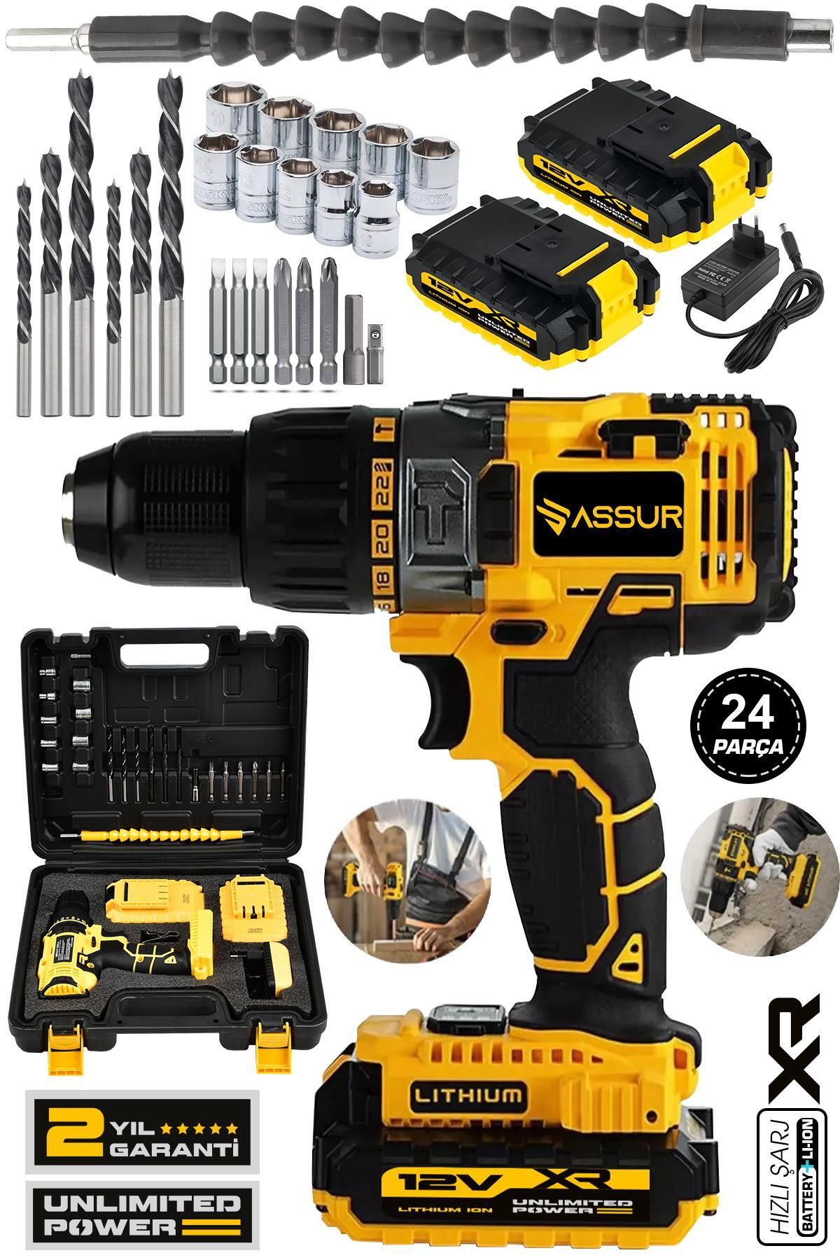 12v 1.5ah Metal Şanzıman Çift Akülü Bakır Sargı 24 Parça Şarjlı Matkap Akülü Vidalama