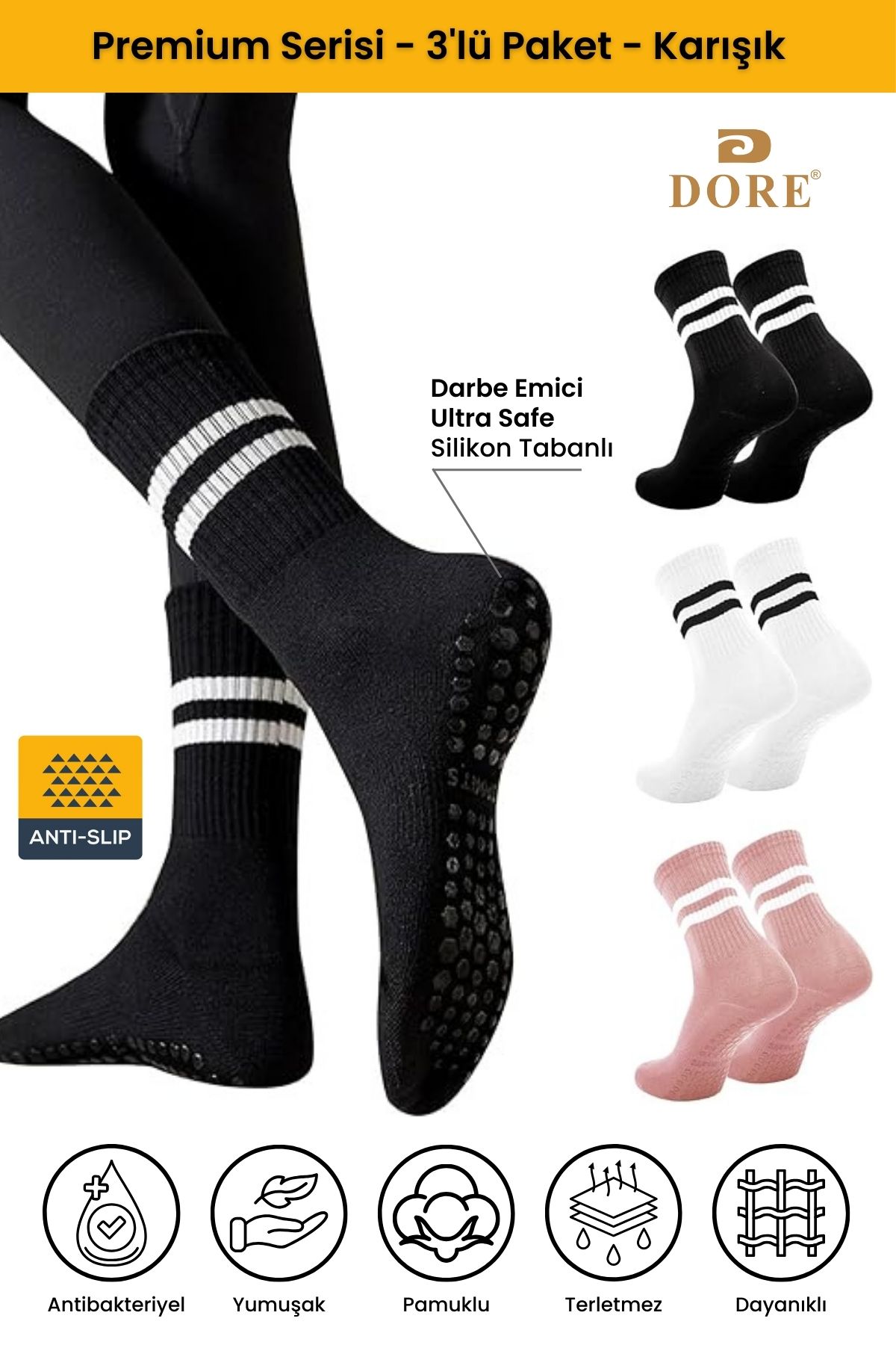 Orijinal Unisex 3 Çift Kaymaz Pilates Ve Yoga Plates Kaydırmaz Tabanlı Çorap Siyah Beyaz Pembe