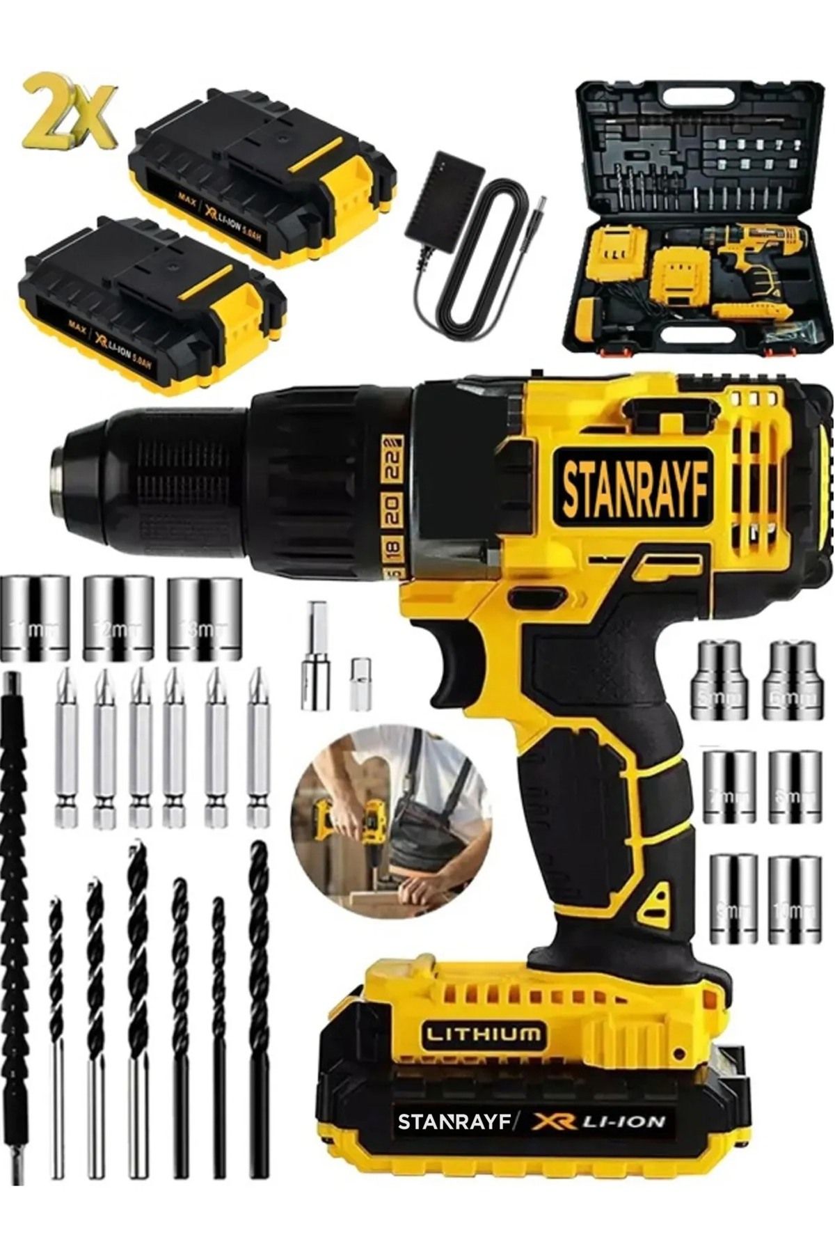 Alman E-tech St-348 /30 Çift Çelik Şanzıman Bakır Sargı Çift Akülü Şarjlı Vidalama Matkap Tam Prof