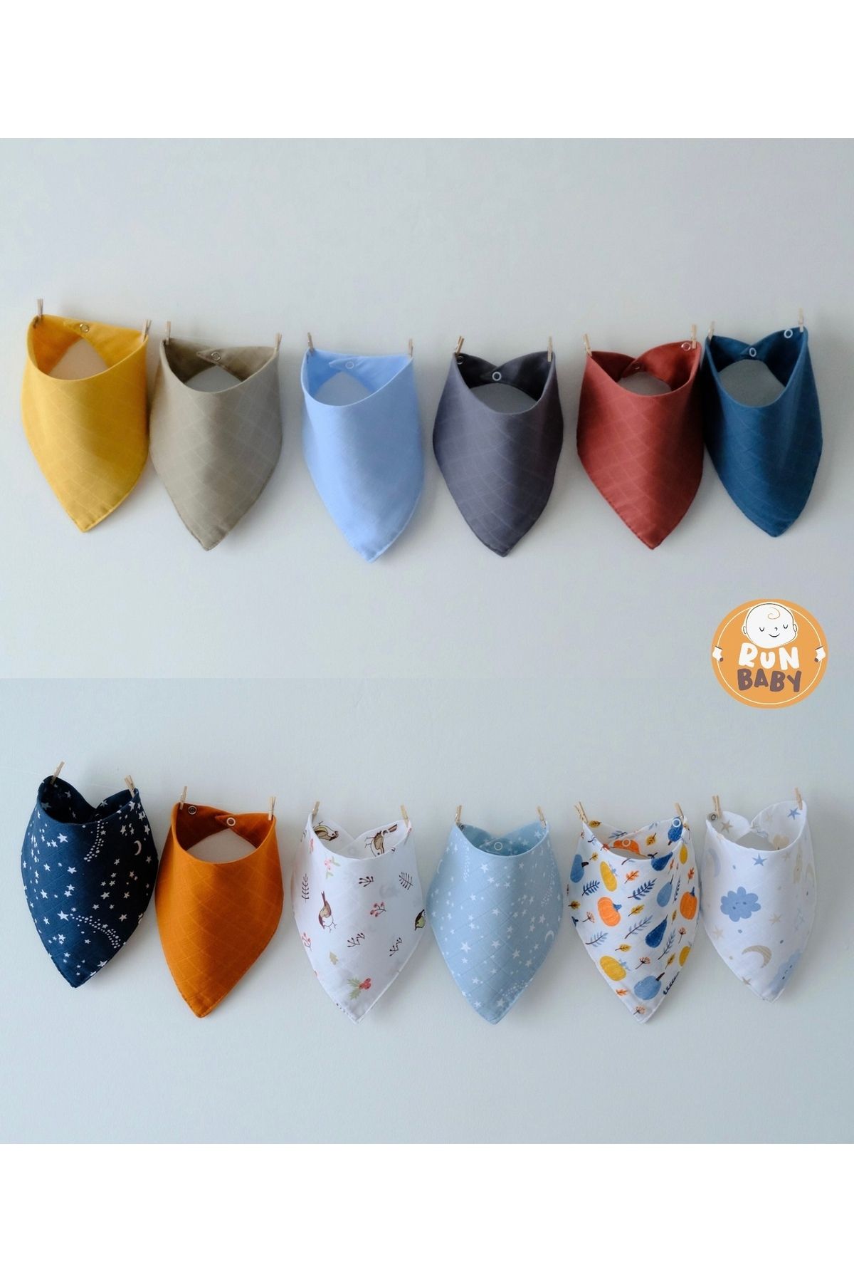 (12 ADET) Run Baby %100 Organik Pamuk Müslin Kumaş Iki Çıtçıtlı Bebek Salya Önlük & Fular
