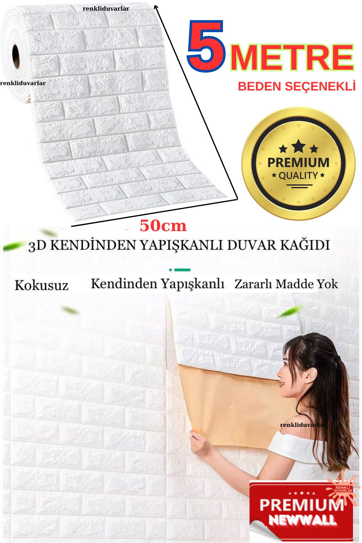 50x500cm Beden Seçeneği İle Beyaz Kendinden Yapışkanlı Duvar Kağıdı Esnek Paneli 3d Tuğla Desen