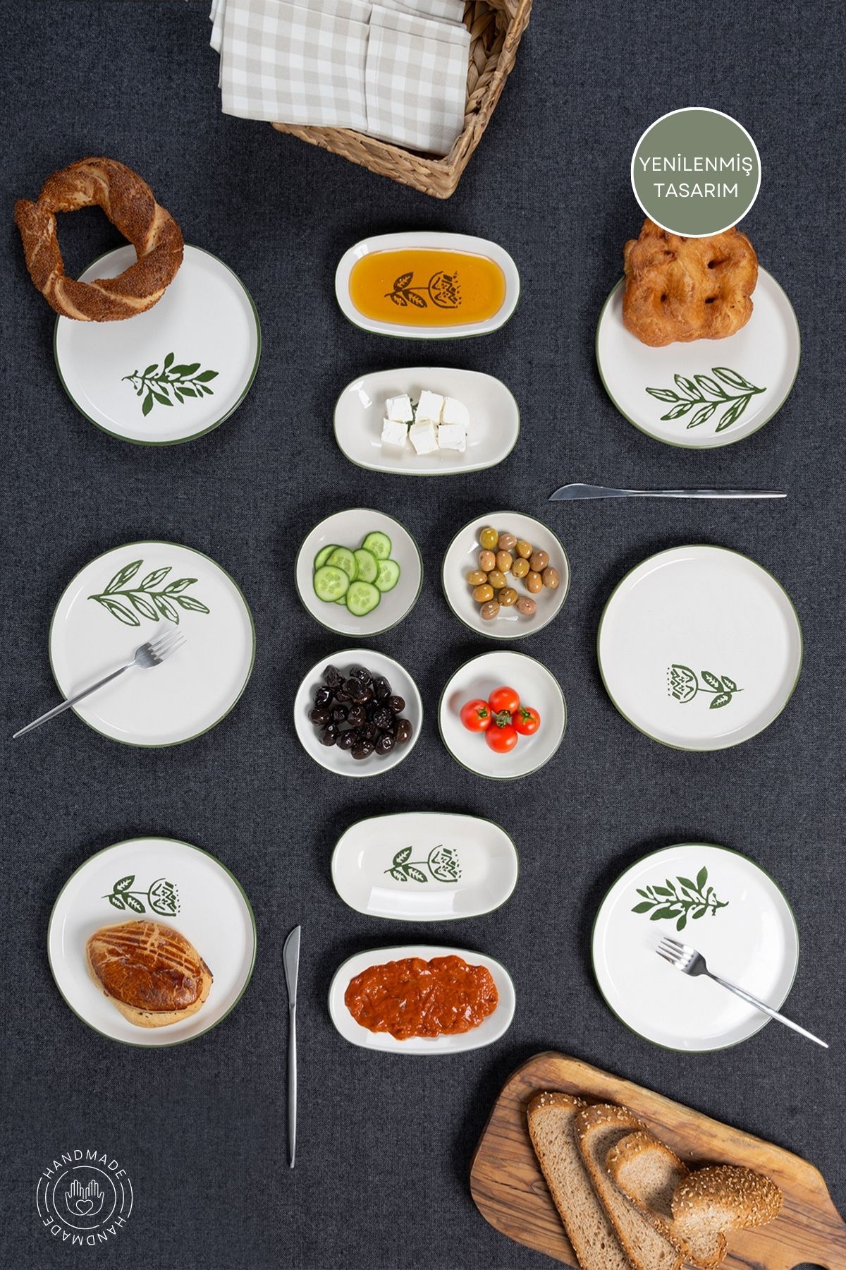 14 Parça 6 Kişilik Handmade Yeşil Çiçek Kahvaltı Takımı - Lüx Kahvaltılık Sunum Seti