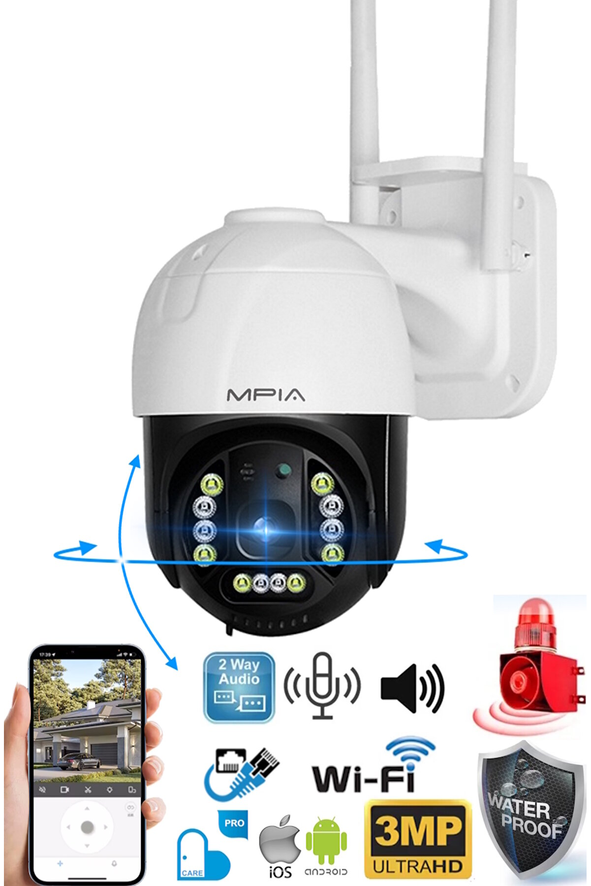 360 Dönebilen Kablosuz Wifi Ip Kamera Speed Dome 1080p Fullhd Gece Görüşlü Hareketli Dış Mekan Sesli