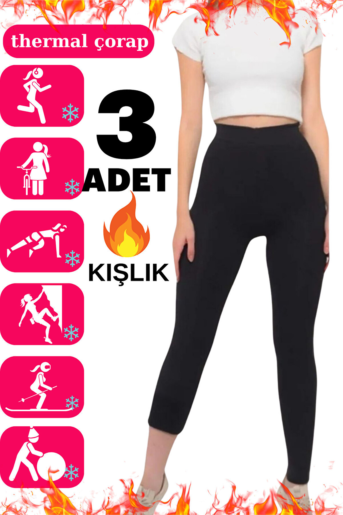 3’lü Kadın Siyah Termal Tayt – Havlu Polar, Esnek Örme, Kışlık, Sıcak Tutucu ve Rahat Kullanım