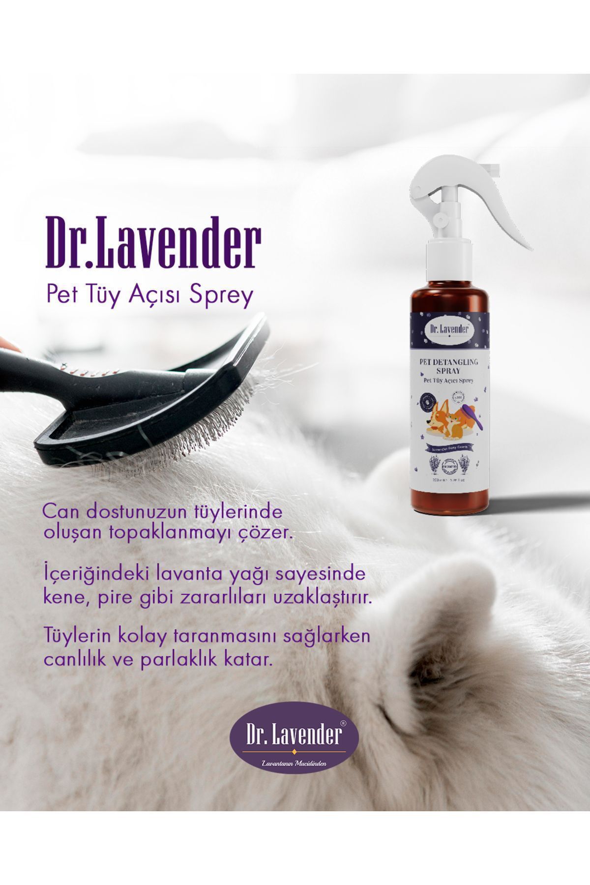 Lavantalı Pet Tüy Açıcı Kene Ve Pire Önleyici Kolay Taranma Ve Tüy Bakım Spreyi