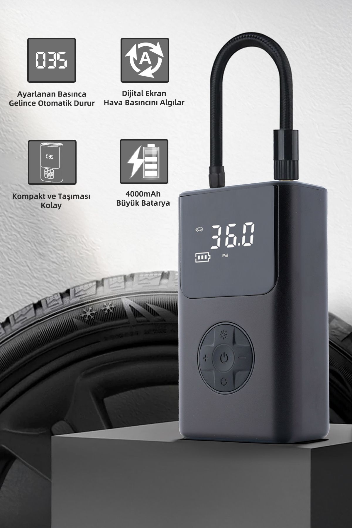 Mio 11 Plus 150psı 4000mah Taşınabilir Araç Hava Kompresörü, Araba Lastik Hava Pompası Powerbank