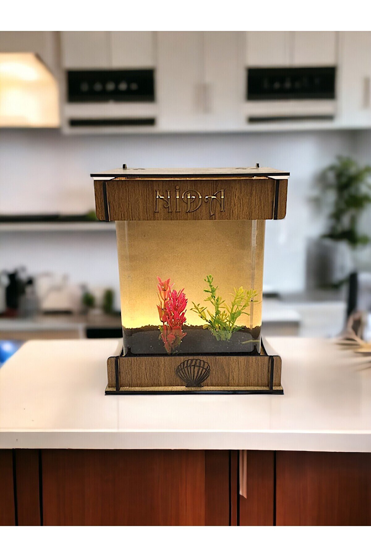 EMSE Beta Mini Ledli ışıklı Akvaryum Ahşap Tasarım Kahverengi Hediyelik Kişiye özel Üretim