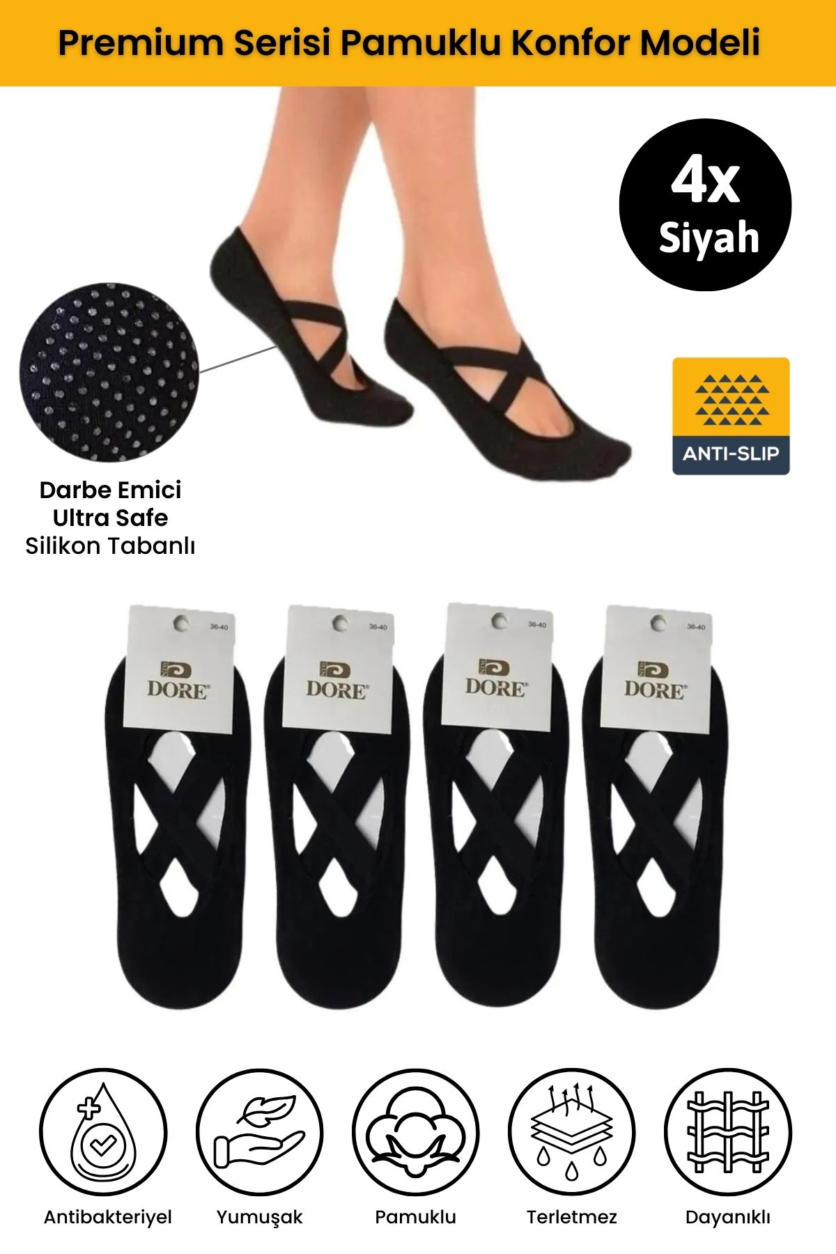 Orijinal Kadın 4 Çift Kaymaz Tabanlı Pilates Yoga Dans Bale Plates Kaydırmaz Çorap - Standart Beden