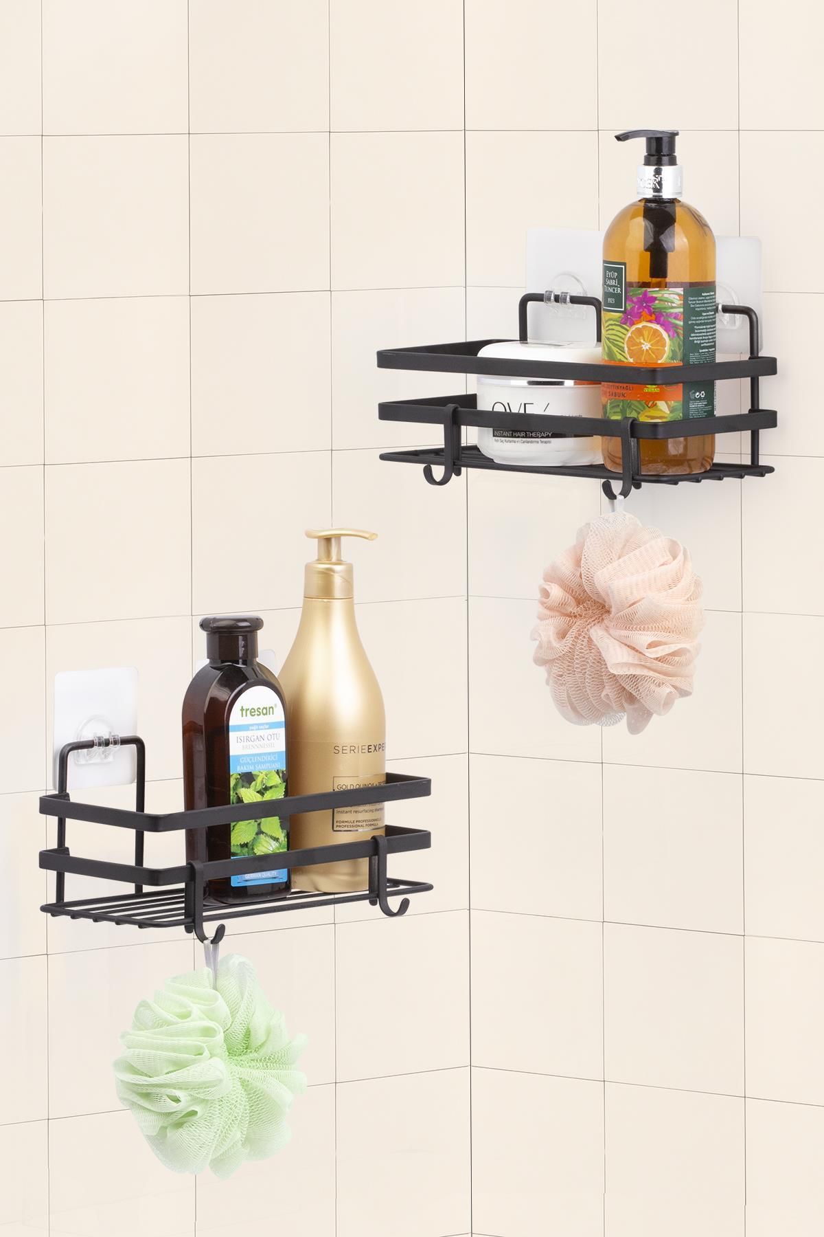 Magic Fix Sihirli Yapışkan Kancalı Siyah Lamalı 2 Adet Dikdörtgen Banyo Rafı