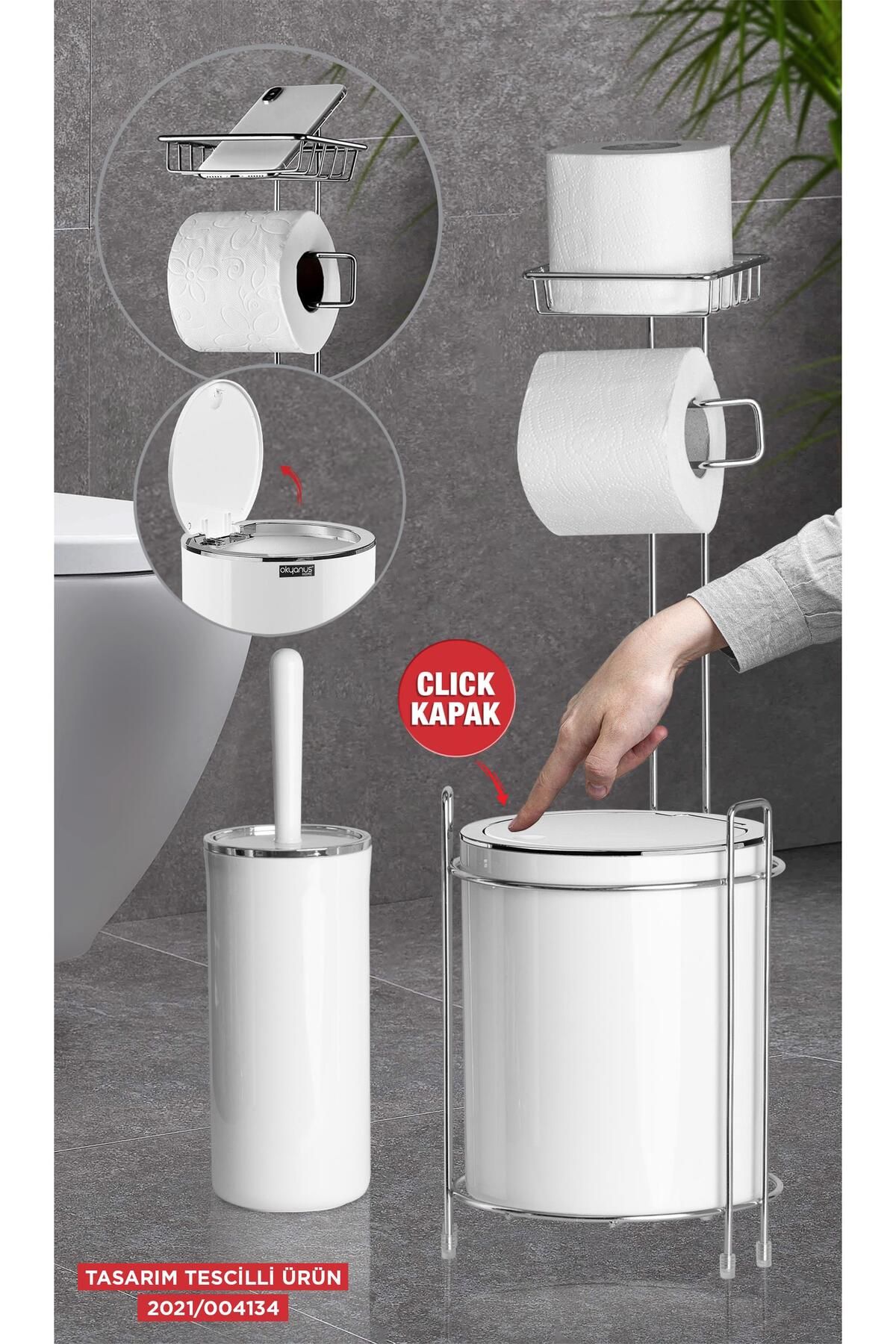 Krom Yedekli Wc Kağıtlık - Yuvarlak Beyaz Çöp Kovası Ve Wc Fırça Seti