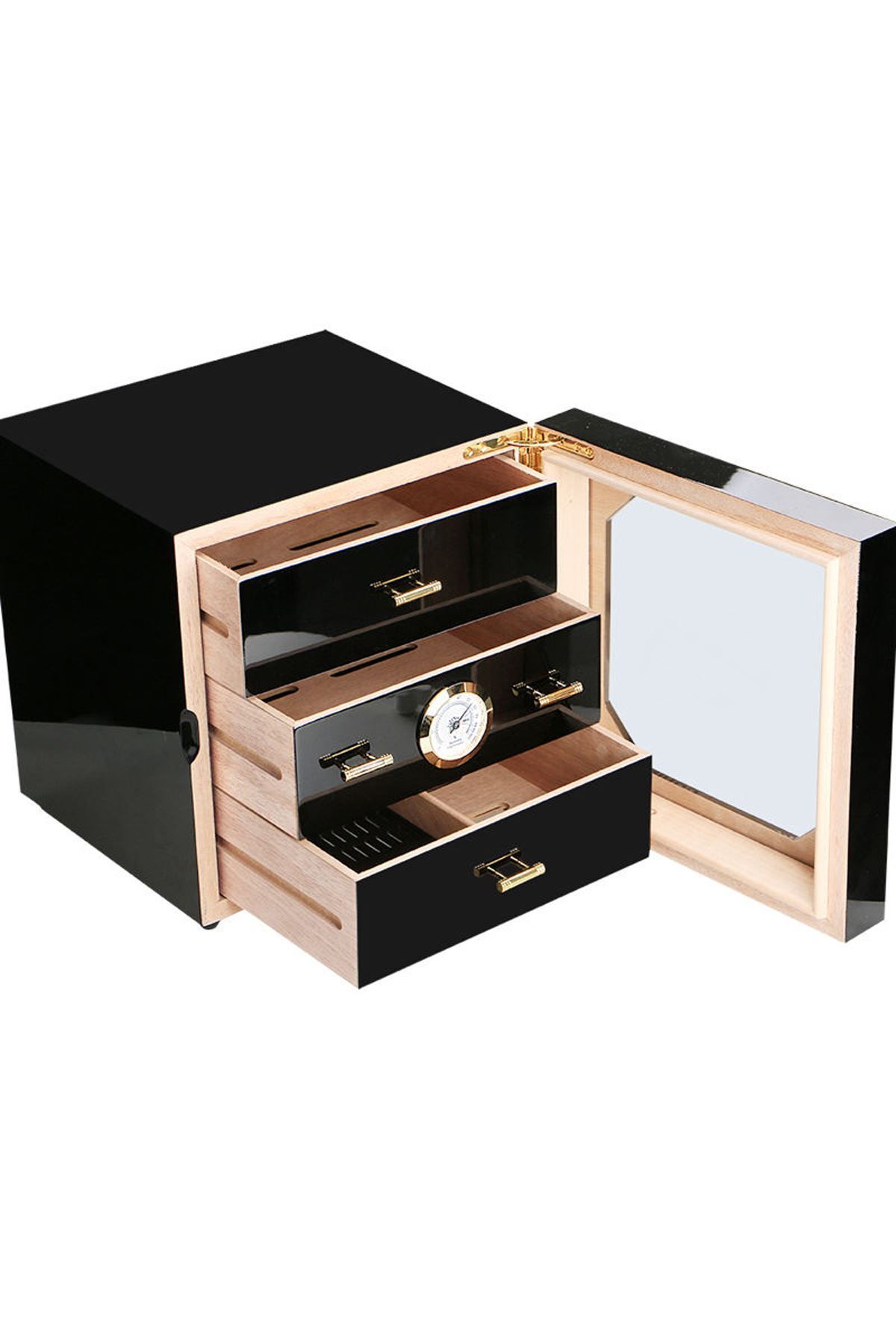 Çekmeceli 3 Katlı Siyah Sedir Humidor Puro Kutusu Rb80
