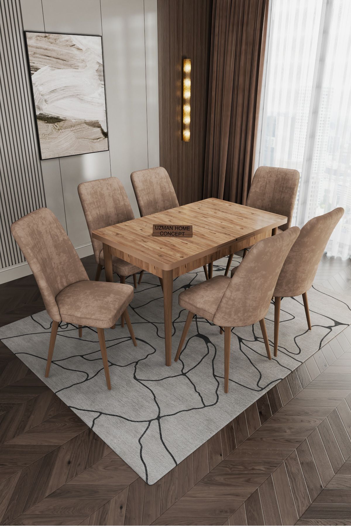 80x130(kapalı) 80x170(açık) 6 Sandelyeli Açılabilir Yemek Masası Takımı Mutfak Masa Takımı-capucıno