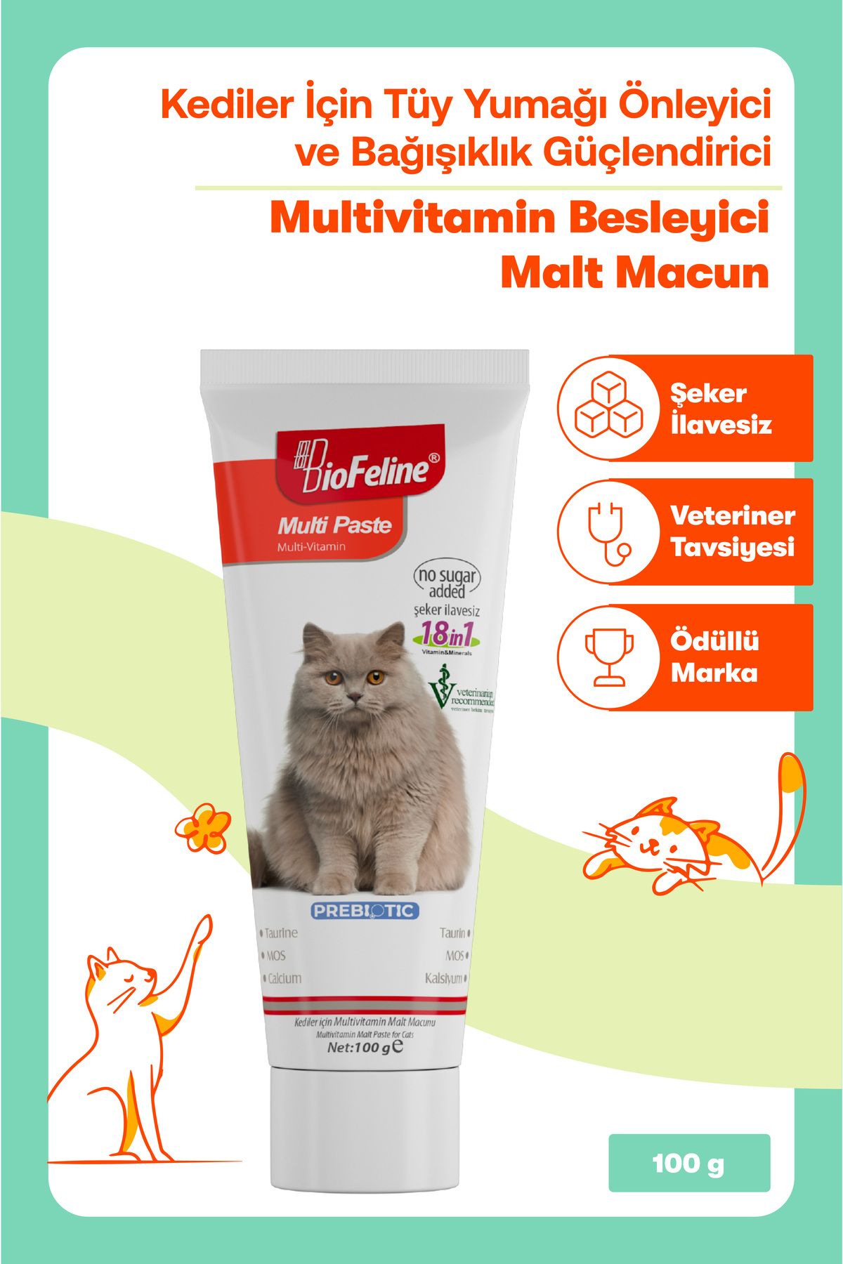 Kediler Için Bağışıklık Destekleyici Ve Tüy Yumağı Önleyici Multivitamin Macun 100g