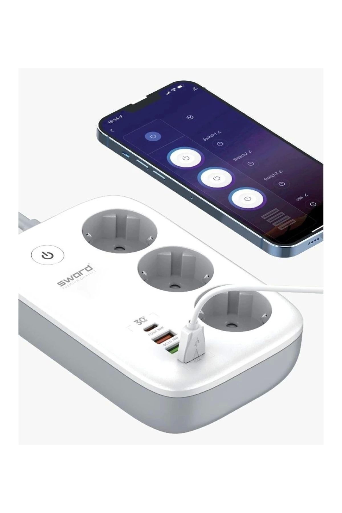 Wi-Fi Akıllı Priz, 30W Type-C,Akım Korumalı,3’lü Priz+3 USB,Uzaktan Kontrol ve Zaman Ayarlı,SW-3PU1C