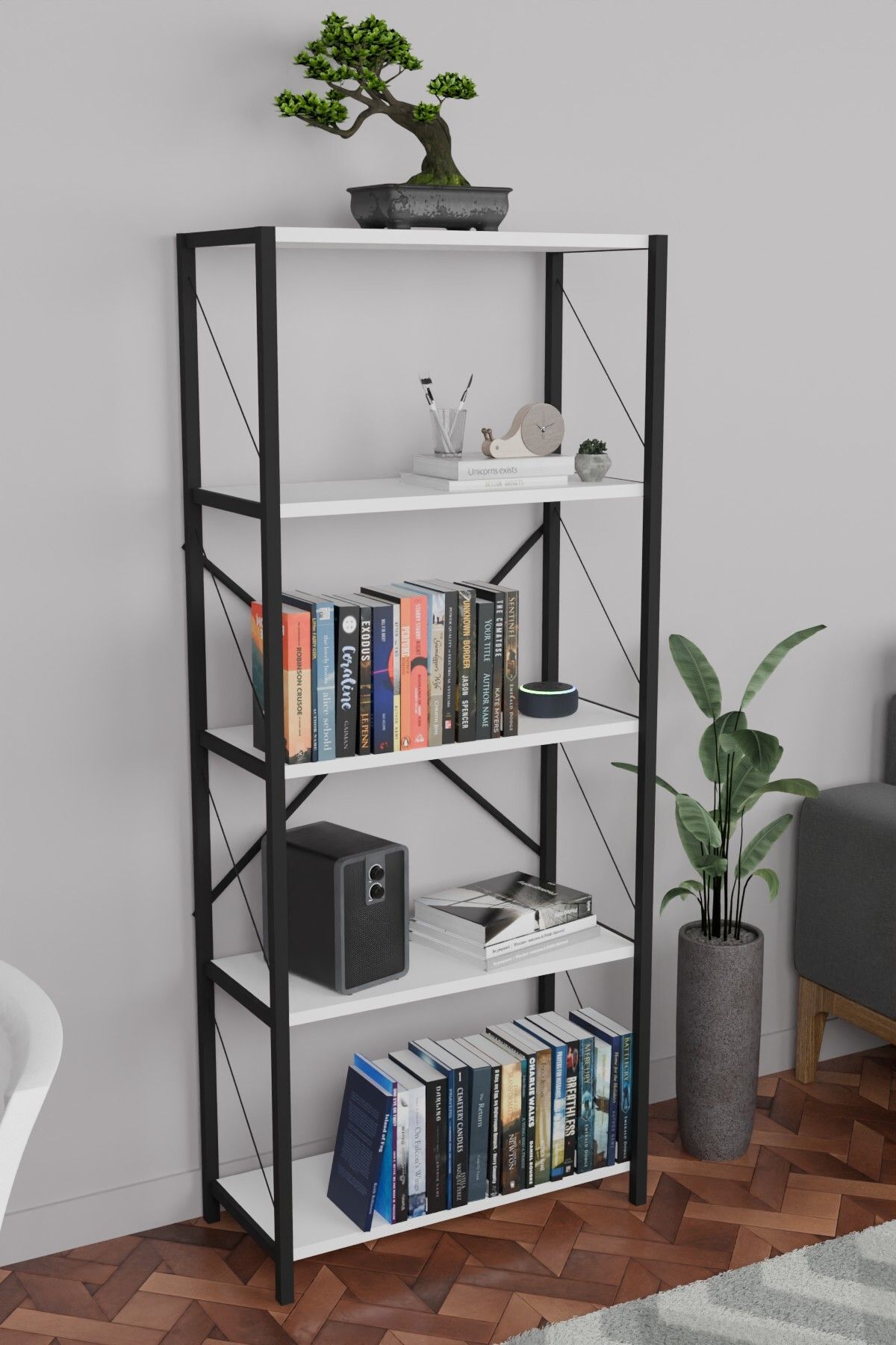 Fd Metal Kitaplık 5 Raflı Çok Amaçlı Dosya Kitap Rafı Ofis Salon Raf 150 Cm Beyaz