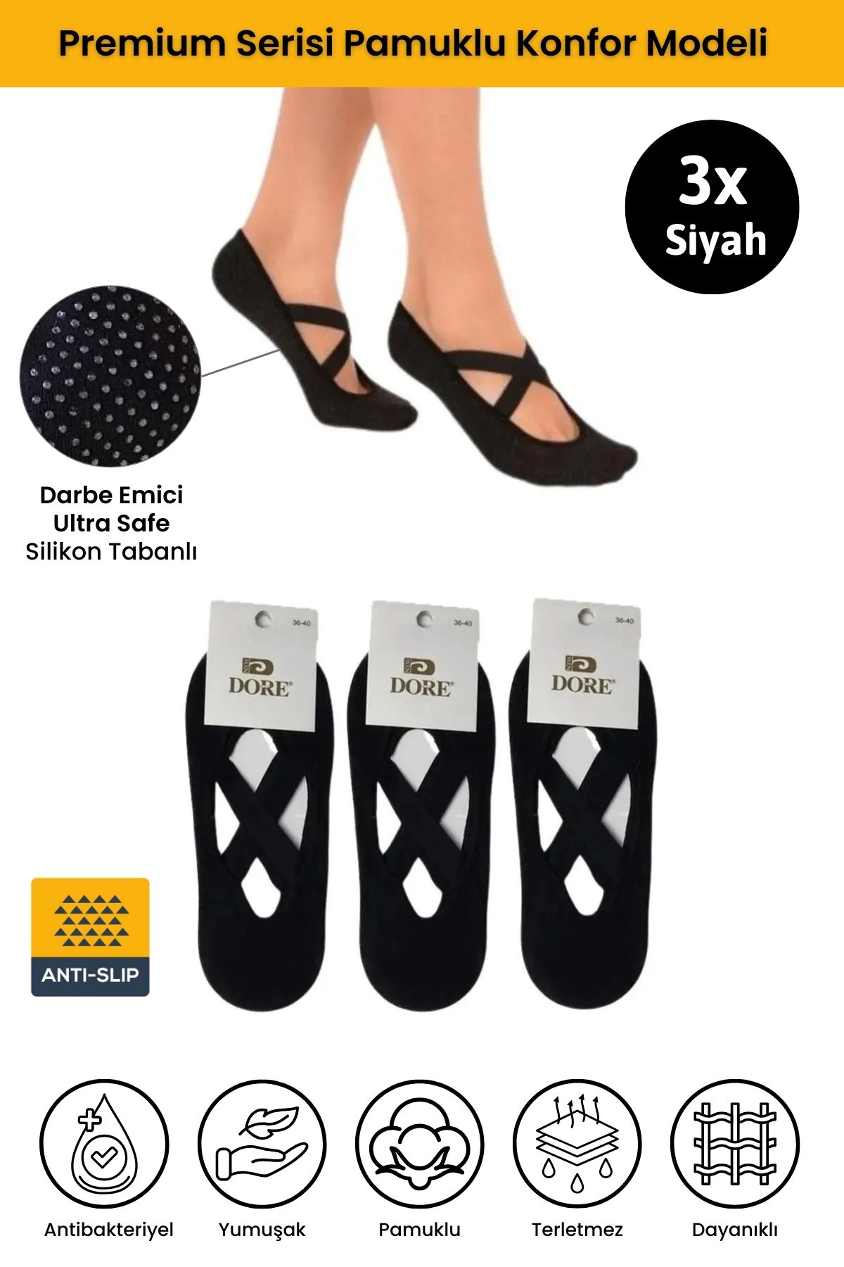 Orijinal Kadın 3 Çift Kaymaz Pilates Yoga Dans Plates Bale Için Kaydırmaz Tabanlı Çorap 3 X Siyah