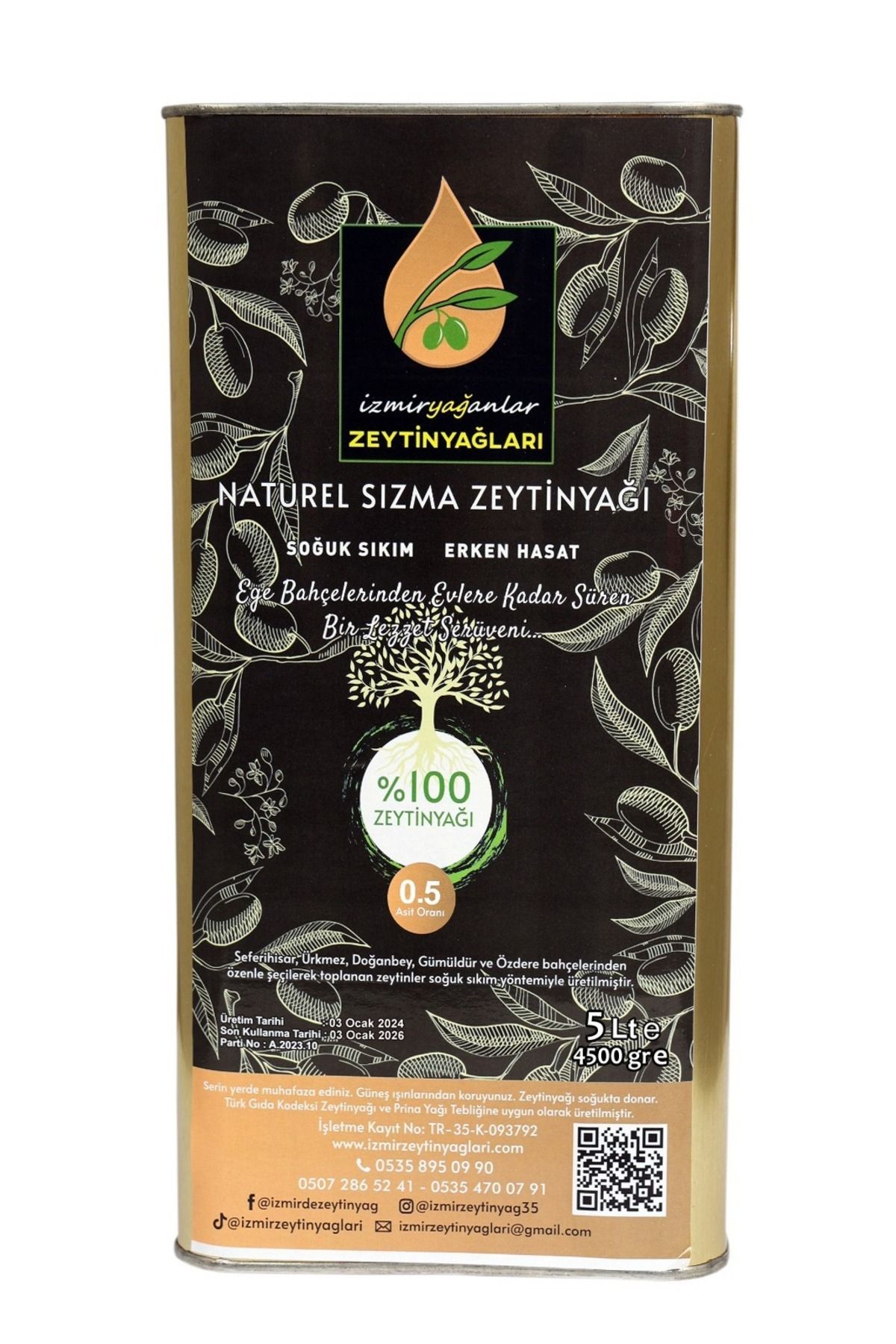 Soğuk Sıkım Erken Hasat Naturel Sızma Zeytinyağı 5 Litre