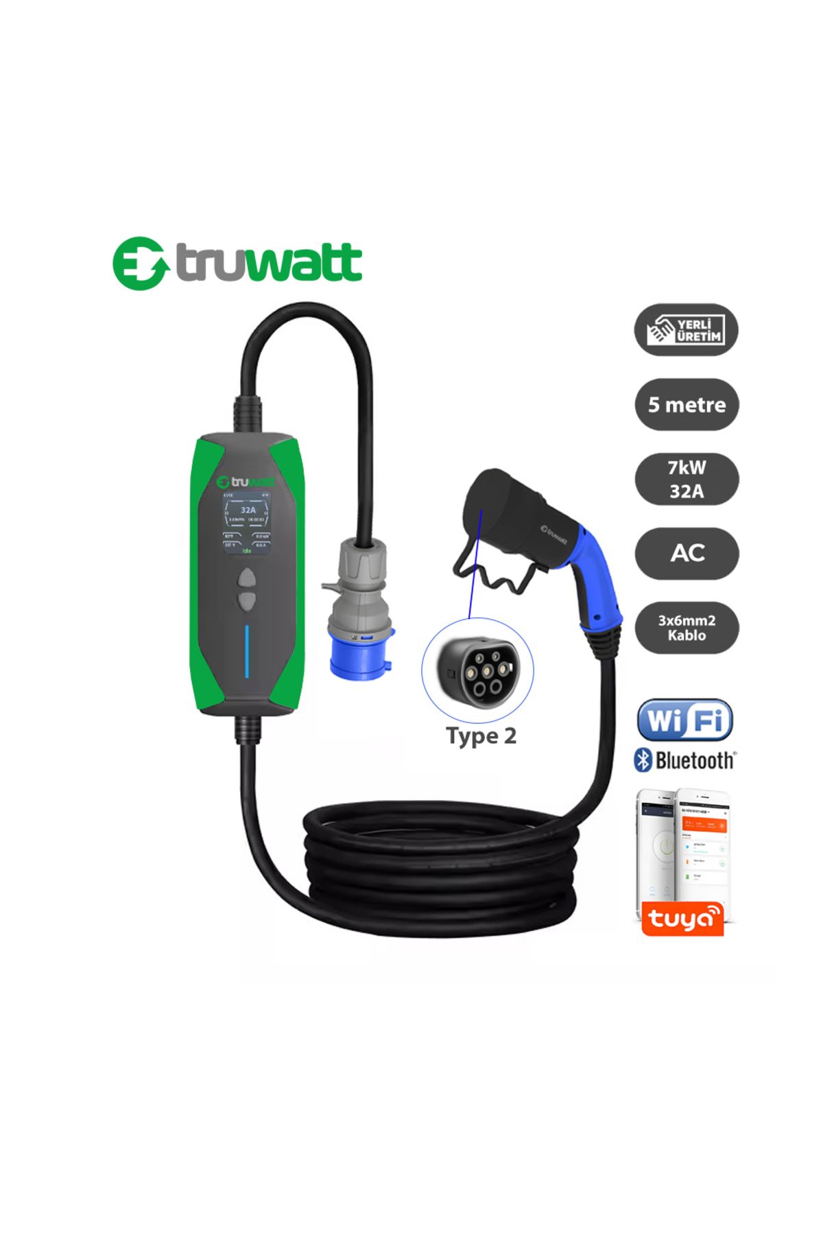 Zt305 Taşınabilir Elektrikli Araç Şarj Cihazı 32a/7kw/220v (5 METRE)