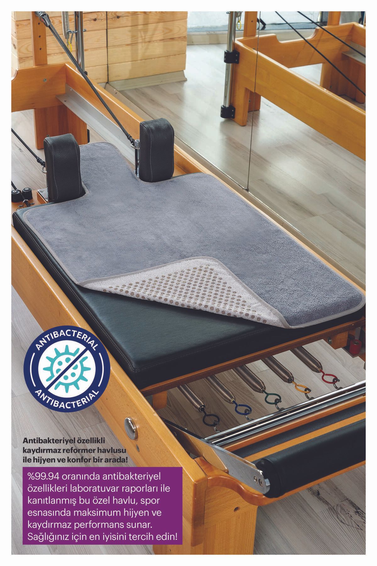 Gri Kaydırmaz Pilates Reformer Havlusu, Nonslip Reformer Mat Towel,