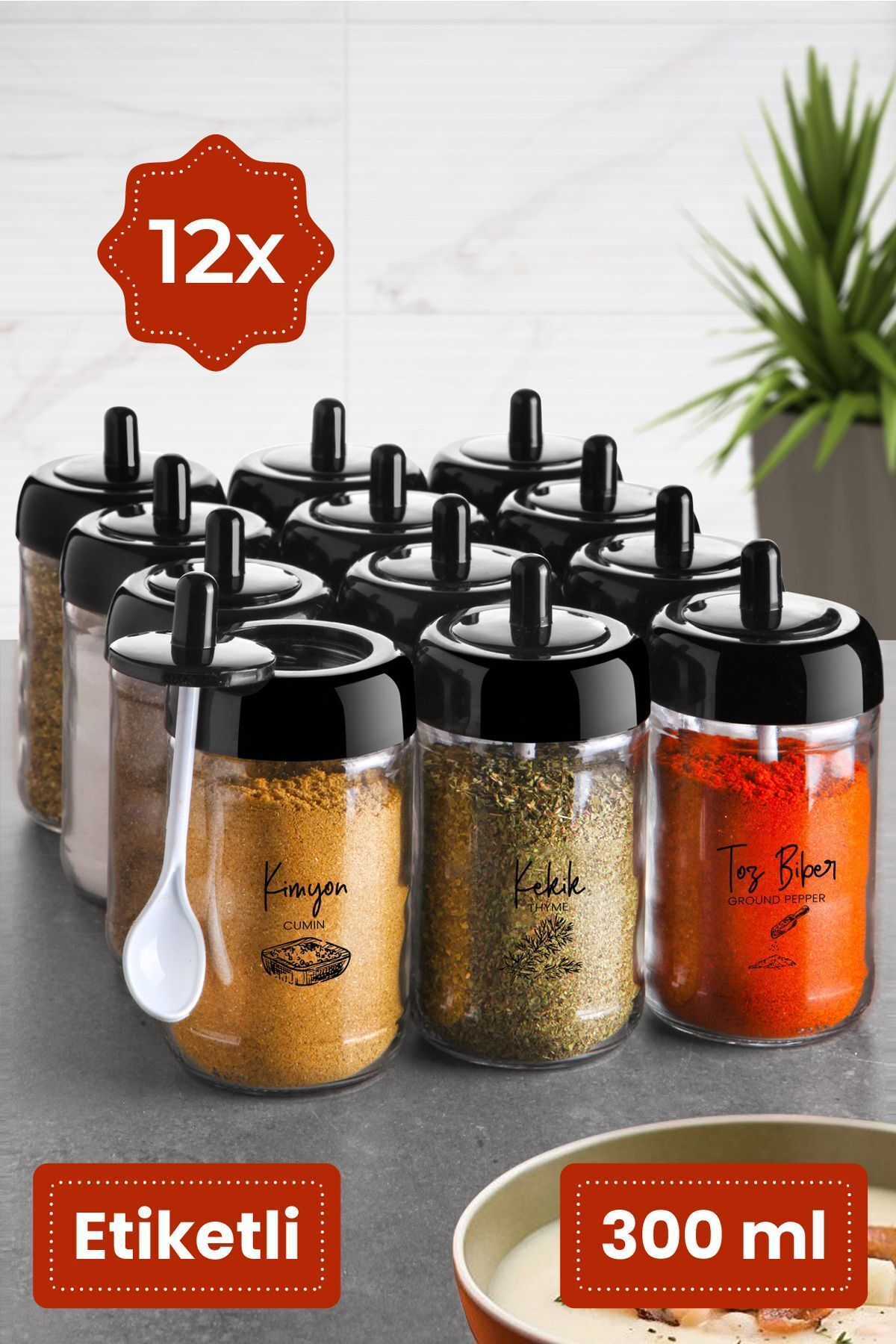 Kendinden Kaşıklı Serigrafi Etiketli 12'li Uzun Baharat Seti - Cam