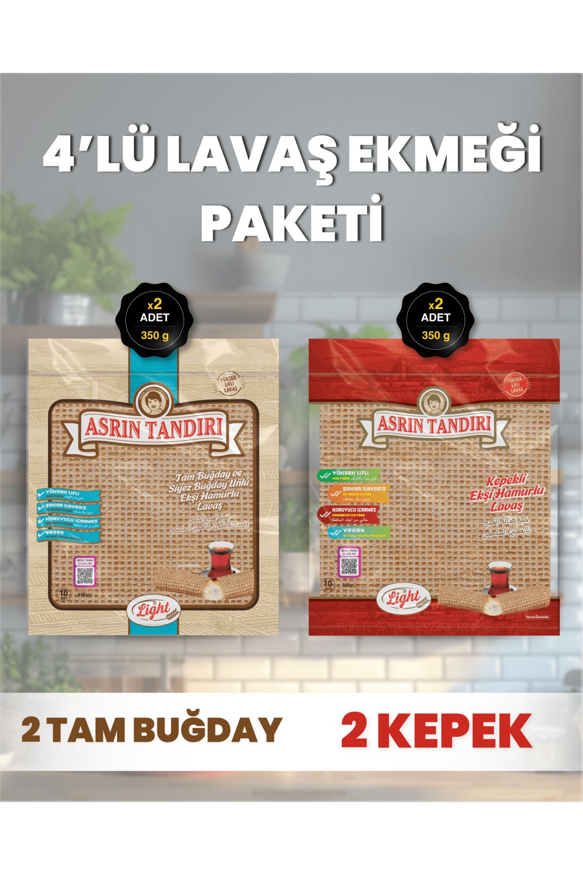 4’Lü Paket (2Adet Ekşi Mayalı Tam Buğday+ 2 Adet Ekşi Mayalı Kepekli Lavaş Ekmeği Paketi)