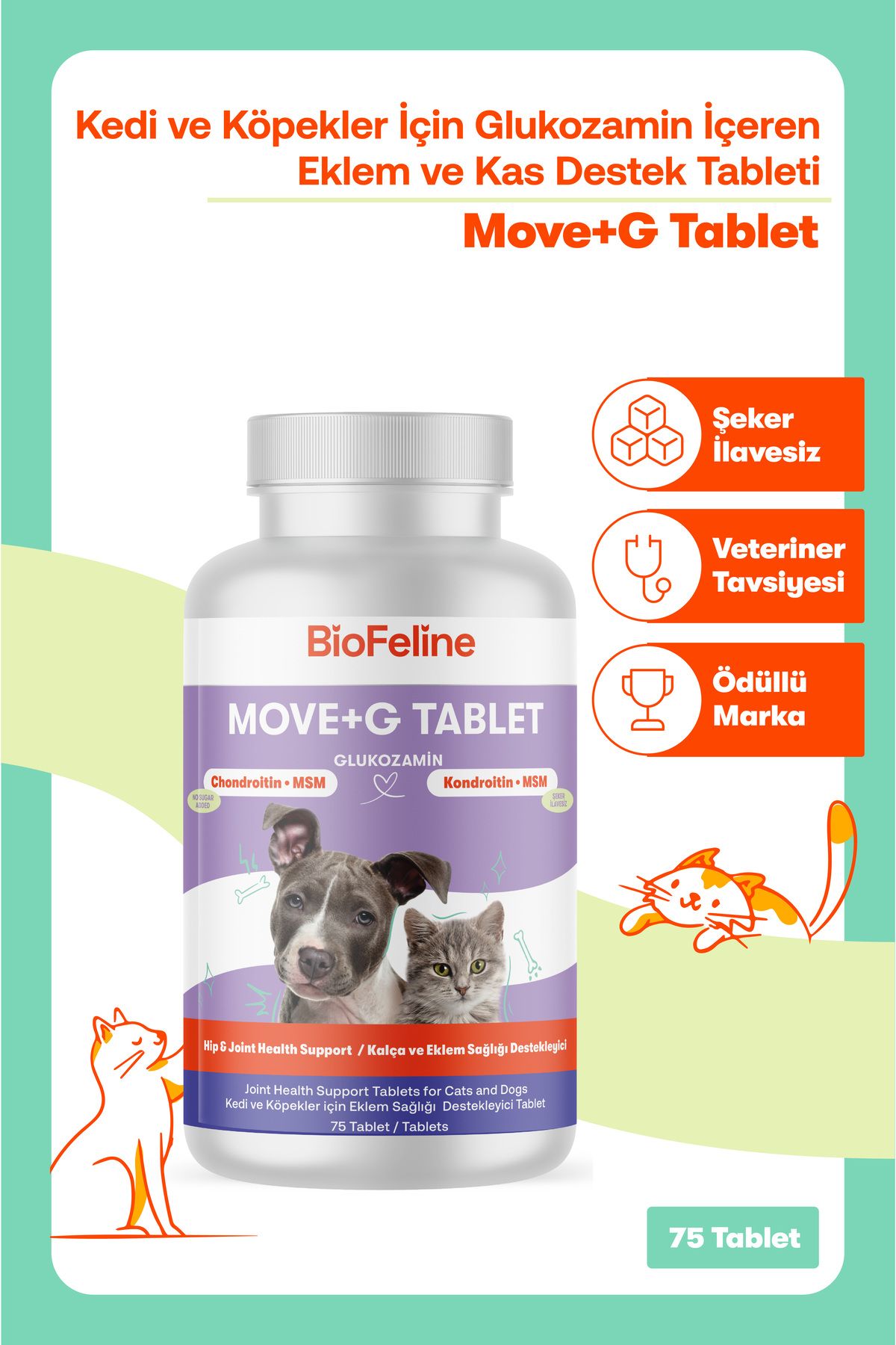 Kedi ve Köpekler İçin Glukozamin İçeren Eklem ve Kas Destek Tableti – 75 Tablet