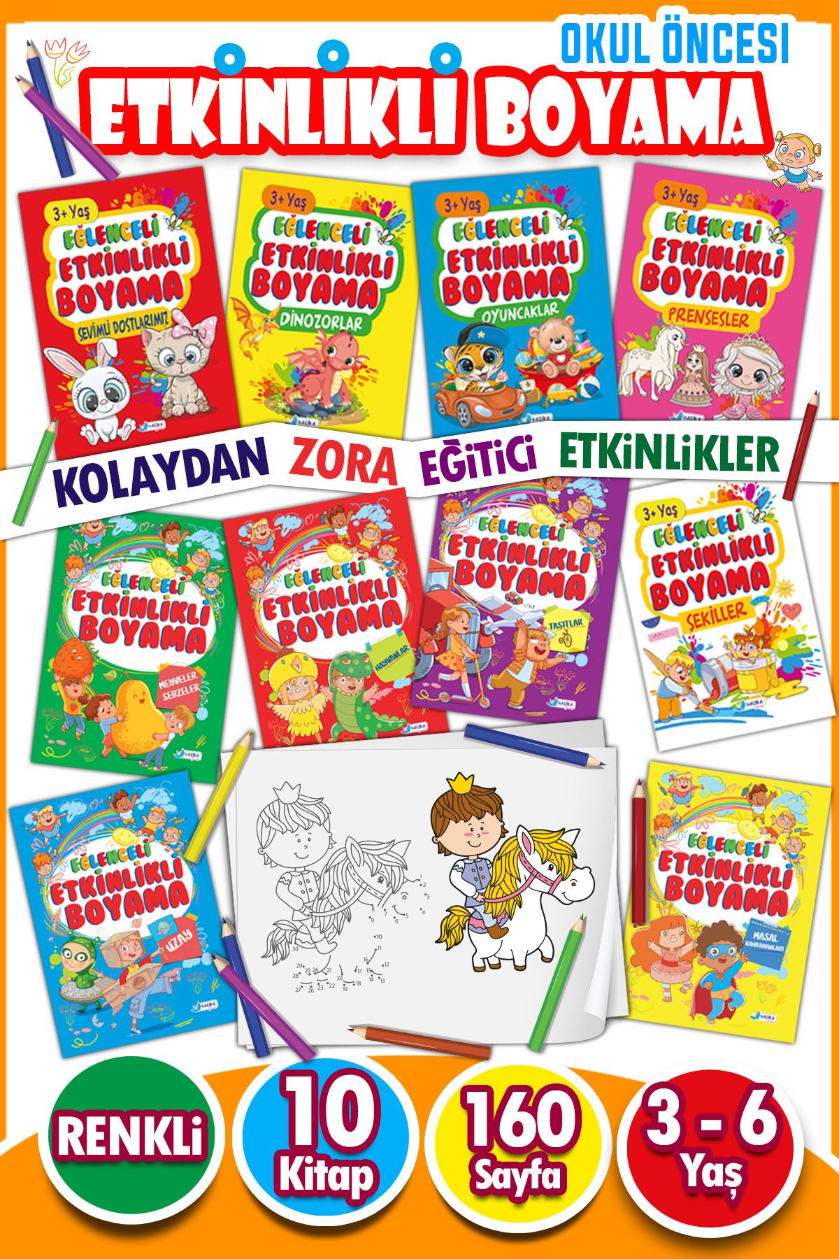 Eğlenceli Etkinlikli 10 Kitaplı Eğitici Boyama Seti 160 Sayfa