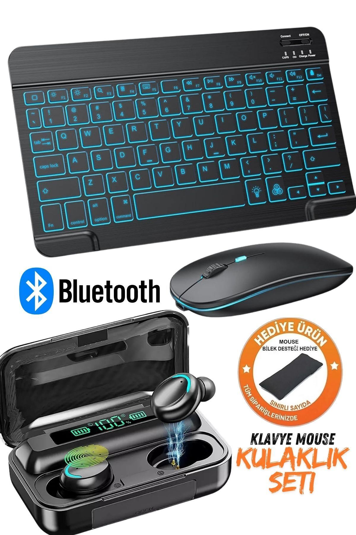 Rgb Işıklı Kablosuz Bluetooth Klavye Mouse Ve Bluetooth Kulaklık Seti Tablet Telefon Windows Uyumlu