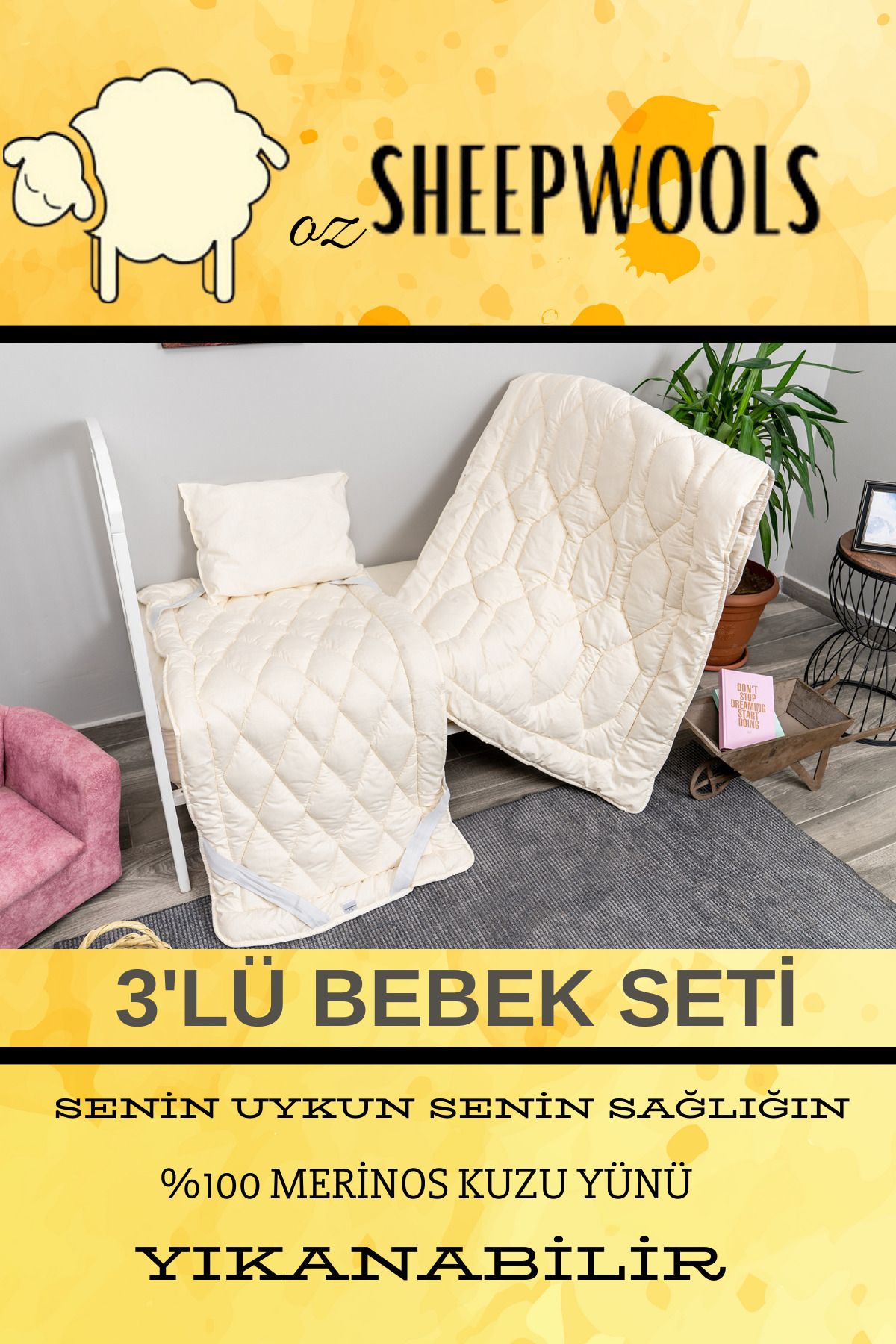 BEBEK YORGAN&PED&YASTIK 3'LÜ SET-%100MERİNOS YÜN İÇ DOLGU - %100 PAMUK DIŞ KUMAŞ -YIKANABİLİR-SAĞLIK