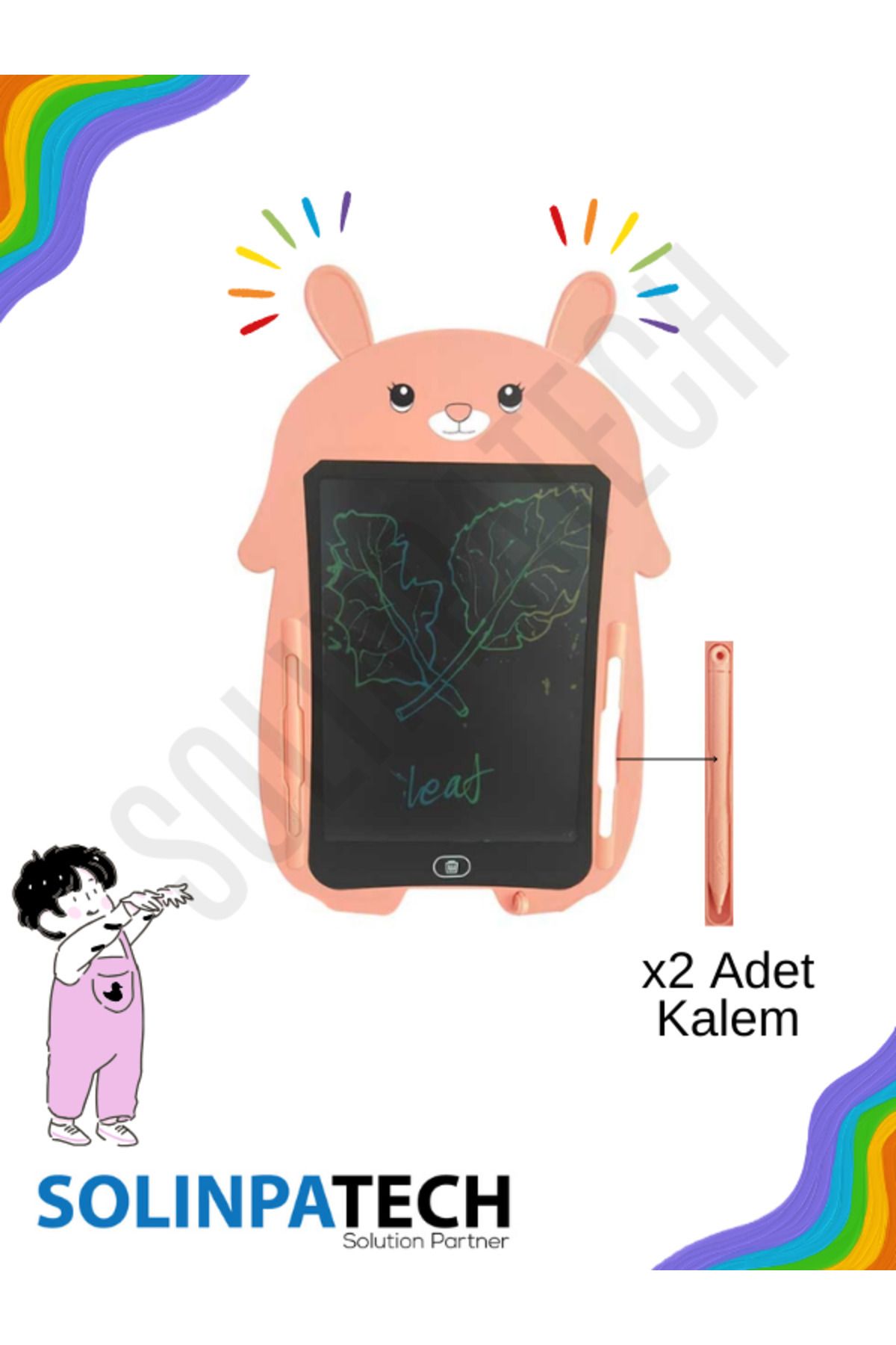 Pembe 8.5 Inç Tavşan Renkli Ekran Lcd Çizim Yazı Tableti Digital Kalemli Grafik Yazma Eğitim Tahtası