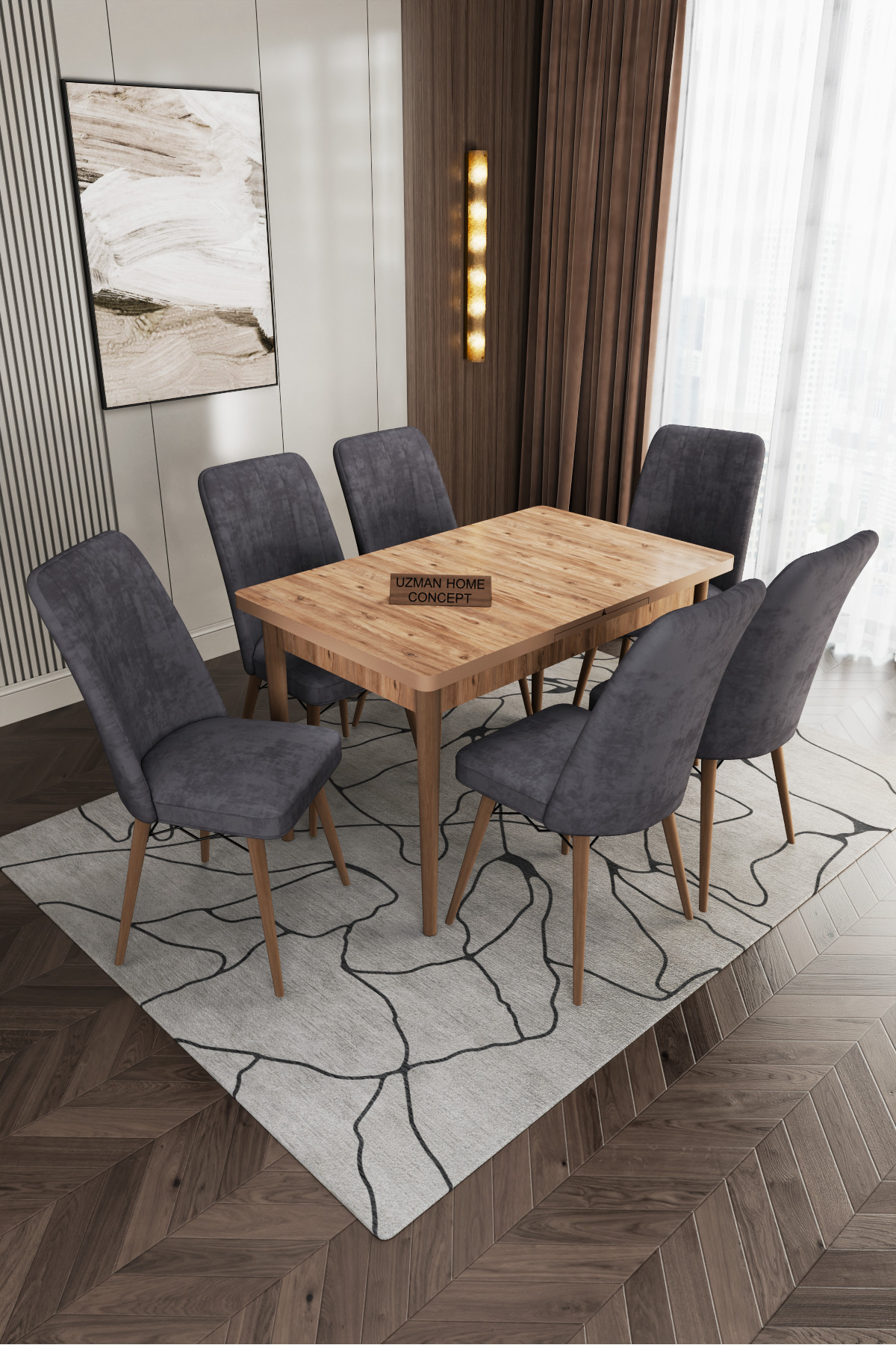 80x130(kapalı) 80x170(açık) 6 Sandelyeli Açılabilir Yemek Masası Takımı Mutfak Masa Takımı-gri