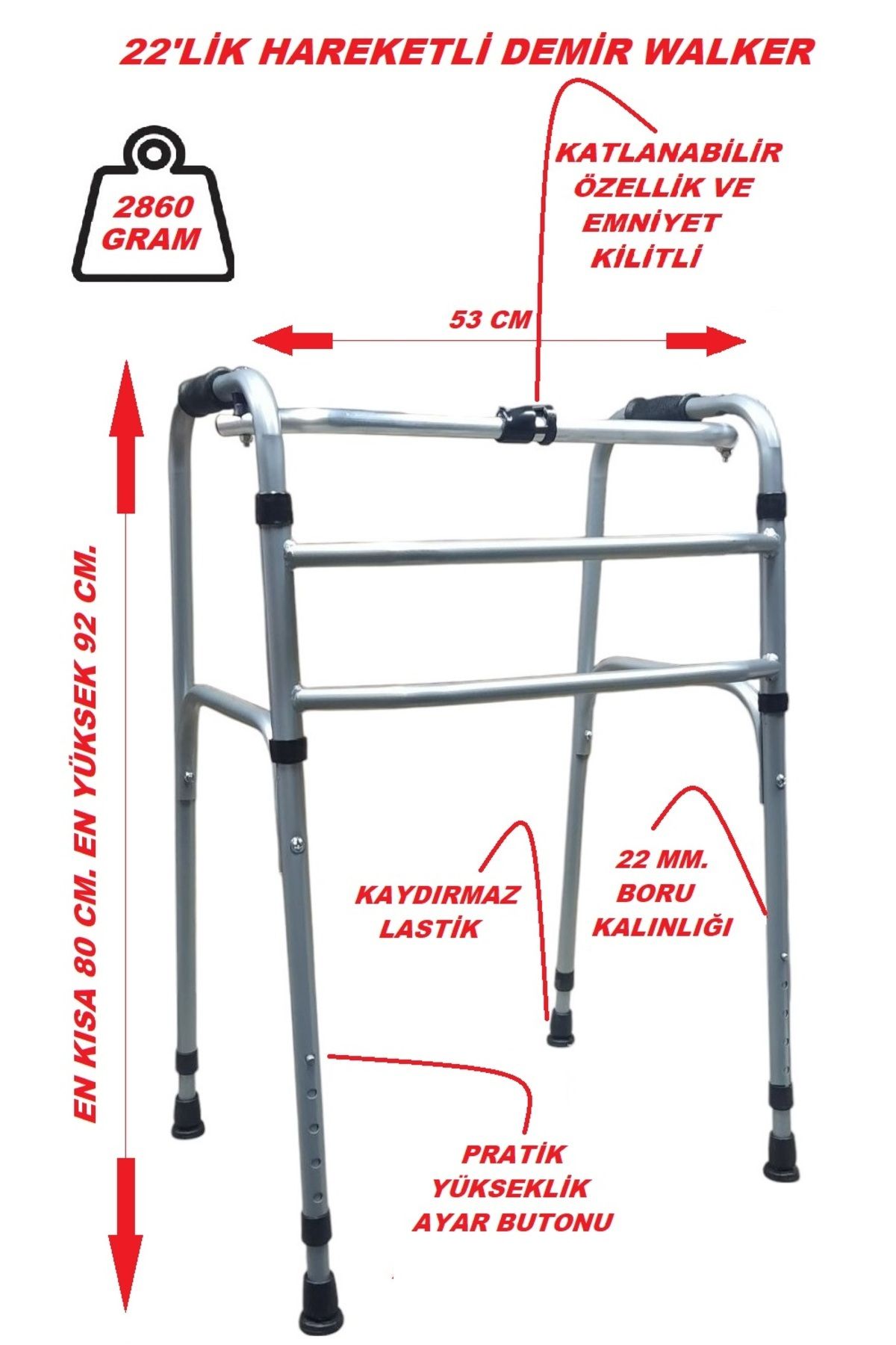 Demir Walker Hareketli Hasta Yürüteci 22'lik (2860 GRAM) Wolker Yürüteç