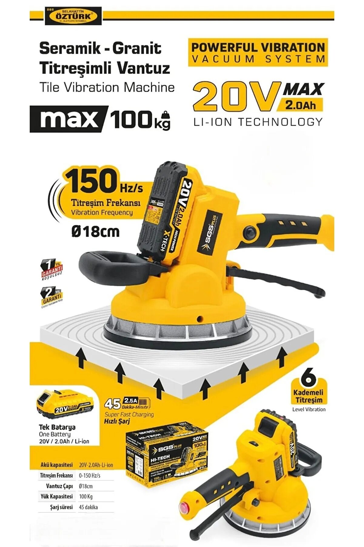 20 Volt 2 Amper Akülü Titreşimli Vantuz Şarjlı Seramik Granit Mermer Vantuzlu Döşeme Makinesi