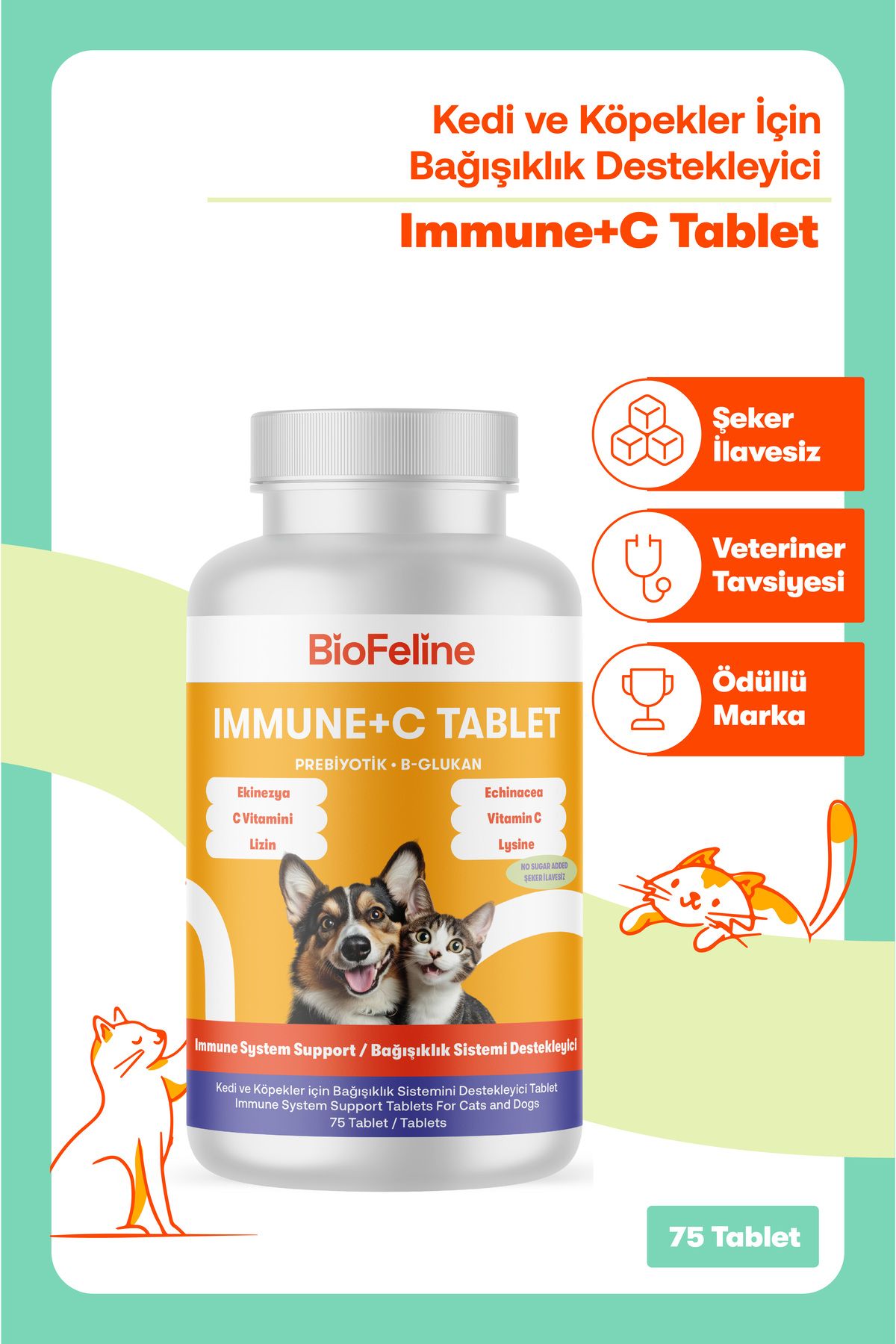 Kedi ve Köpekler İçin Bağışıklık Destekleyici C Vitamini Tablet – 75 Adet