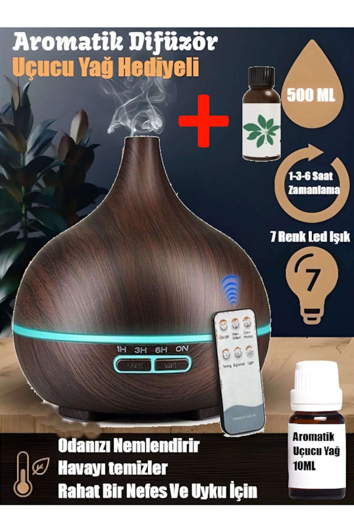 Kumandalı Hava Nemlendirici Buhar Makinesi 500 ml Aroma Difüzörü 1 Adet Aromatik Koku Hediyeli