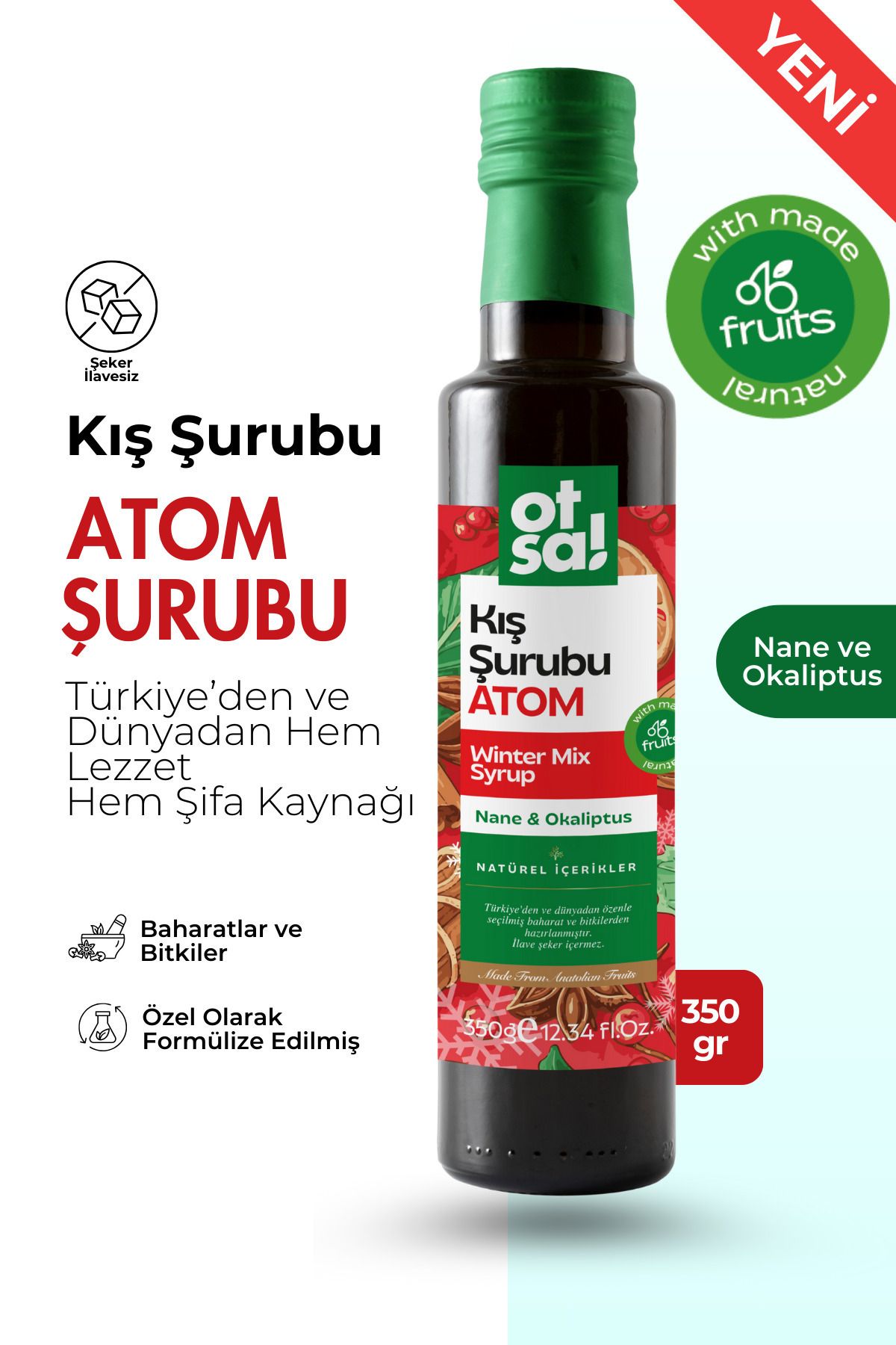 Atom Kış Şurubu Kozalak Pekmezi, Zencefil, Ekinezya ve Bitki Ekstraktları İçeren Doğal Karışım 350g