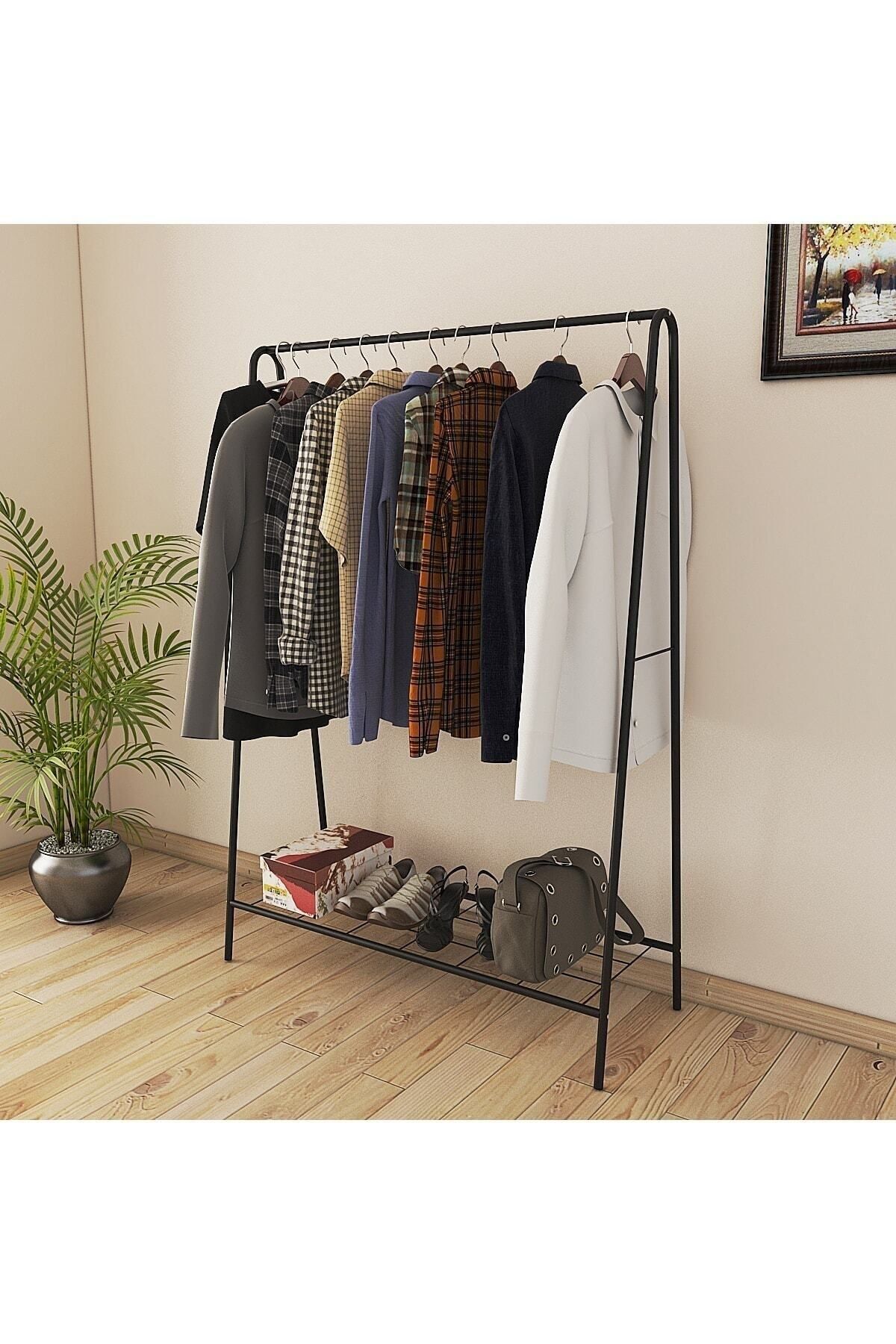 Oval Telli Siyah Butik Elbise Askısı Ayaklı Askılık Konfeksiyon Askılık