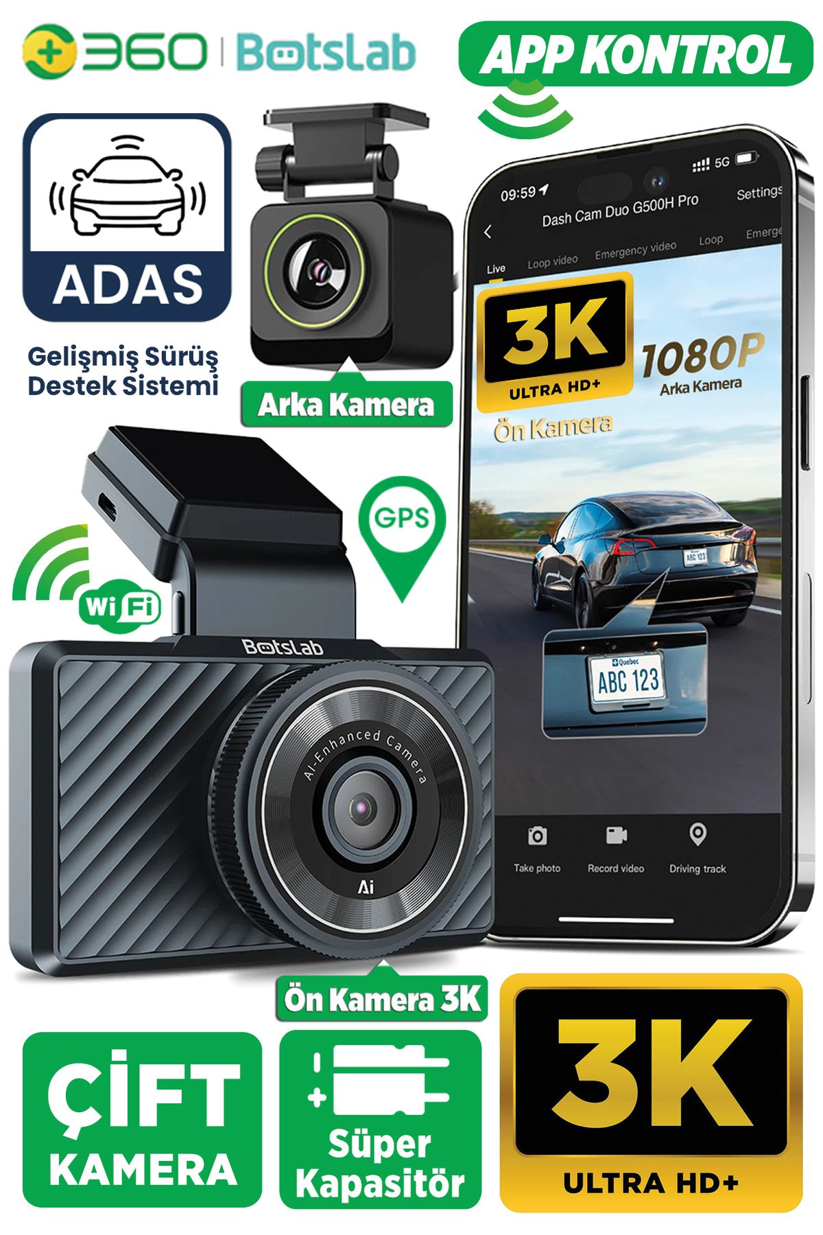 360 Botslab G500h Pro Adas Ön 3k Qhd -arka 1080p Fhd 150° Açı Wifi Gps Gece Görüşlü Araç Içi Kamera