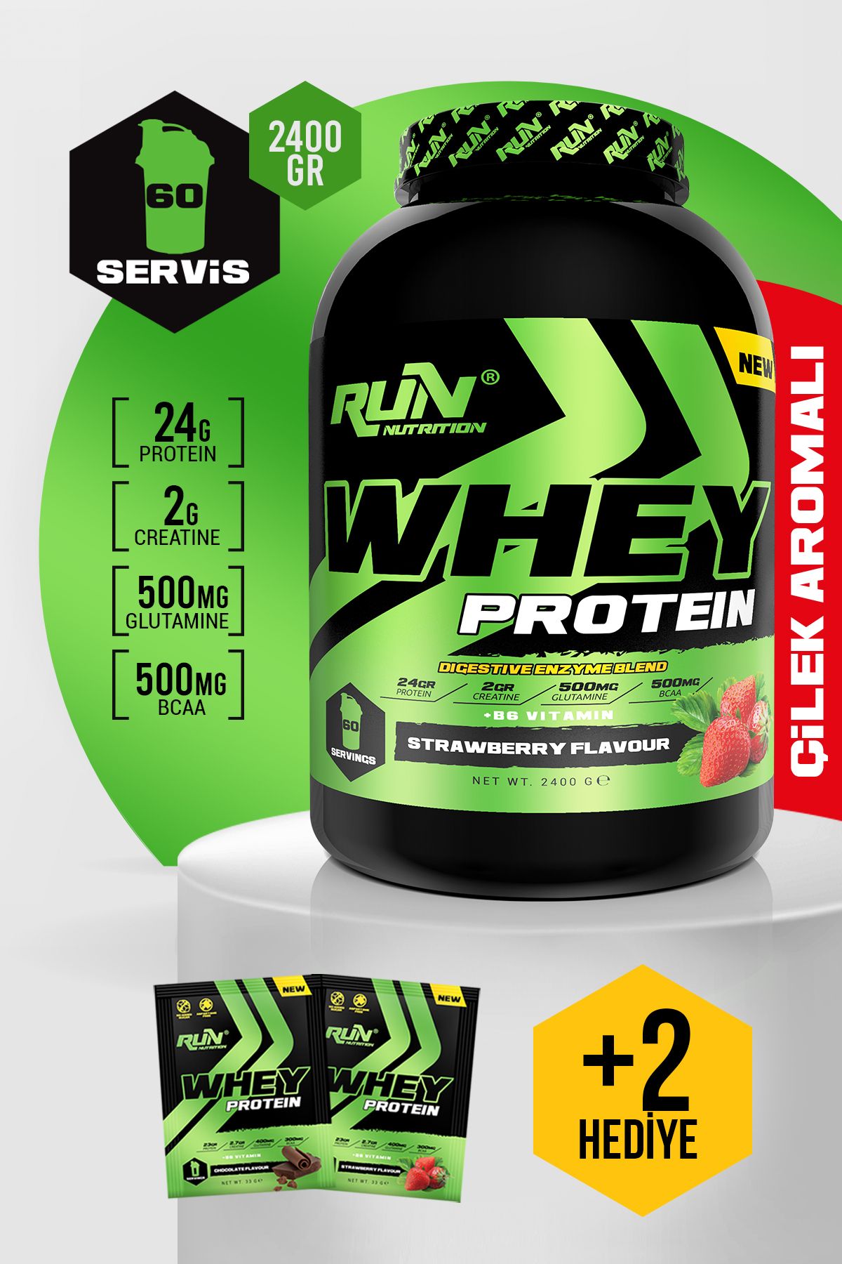 Whey Protein - 2.4 Kg - Çilek Aromalı - 60 Servis - Hediyeli