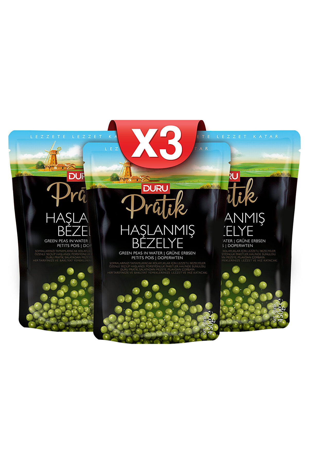 3'lü Duru Pratik Haşlanmış Bezelye 450g