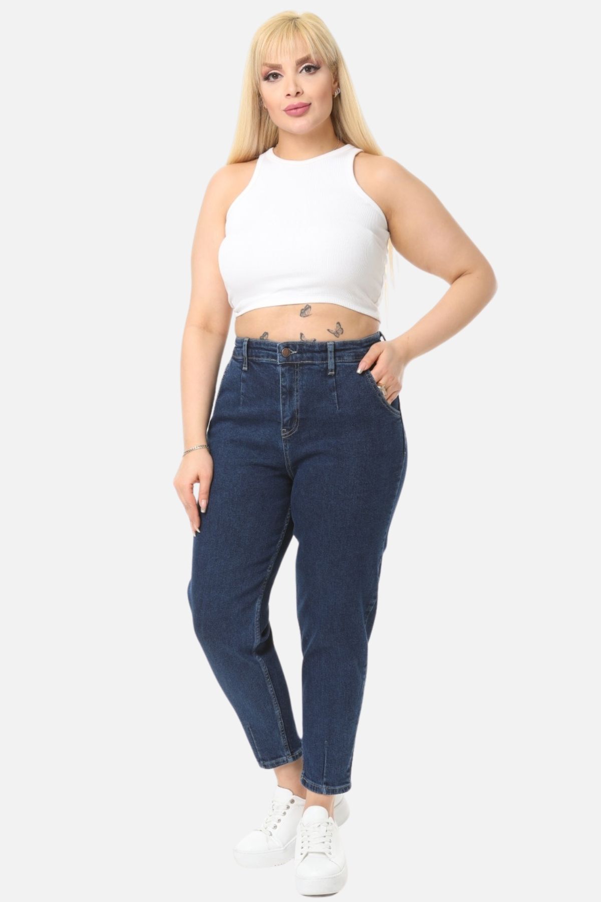 Mom Fit Jean Büyük Beden Yüksek Bel Carrot Kesim Dar Paça Pileli Esnek Kot Pantolon C600-lacivert